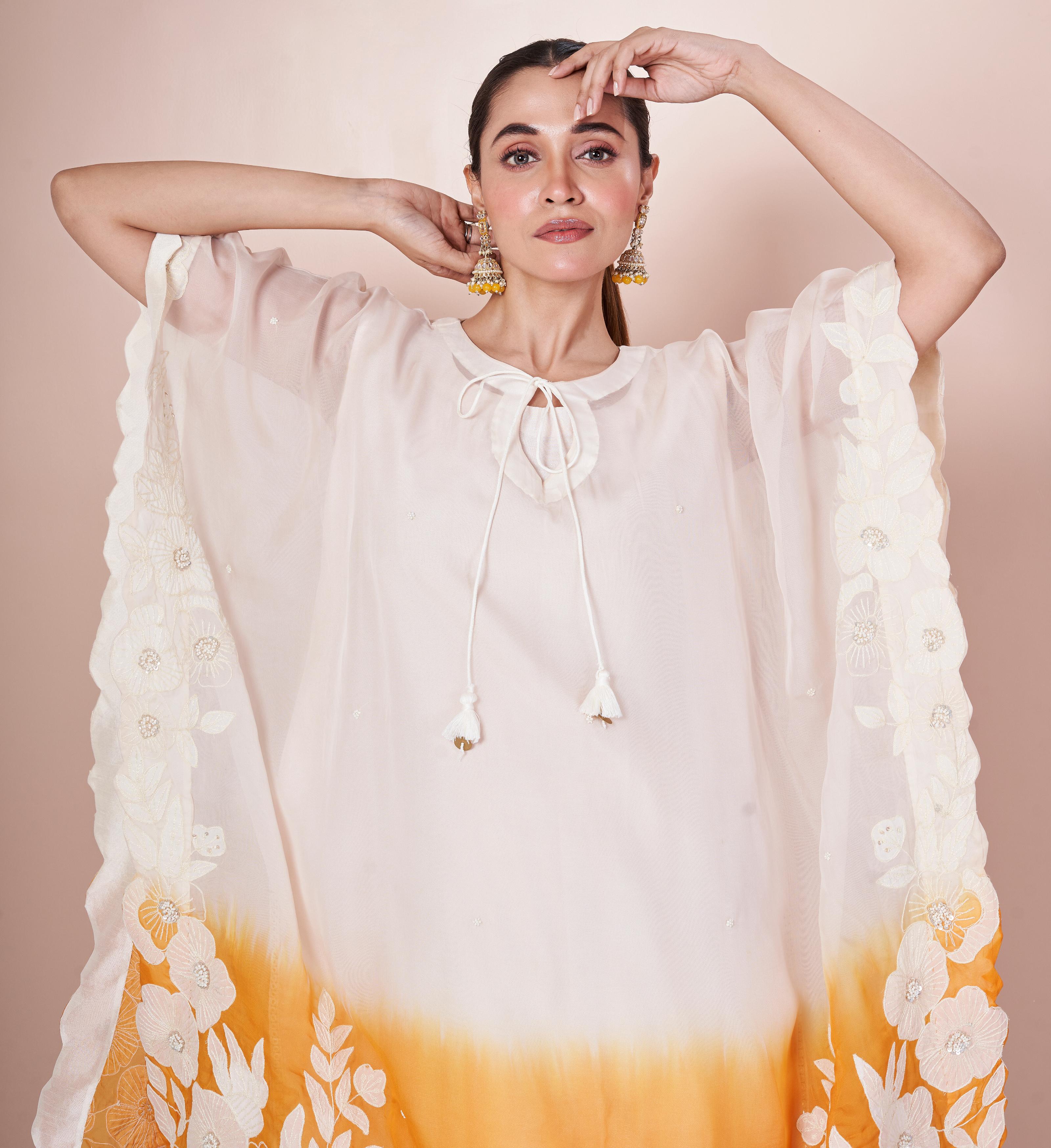 Orange Ombre-Dyed Embroidered Georgette Silk Sharara Set