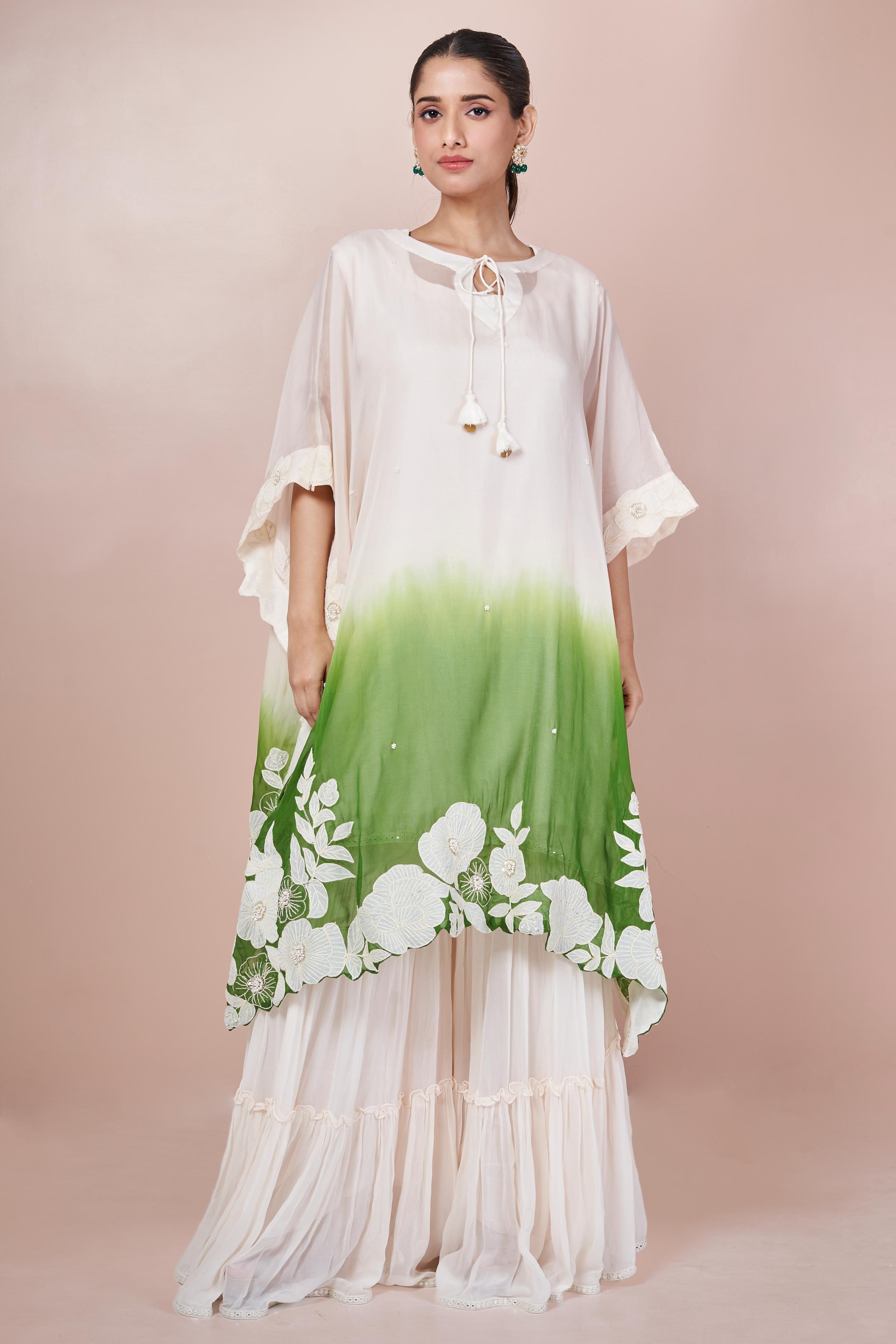 Green Ombre-Dyed Embroidered Georgette Silk Sharara Set