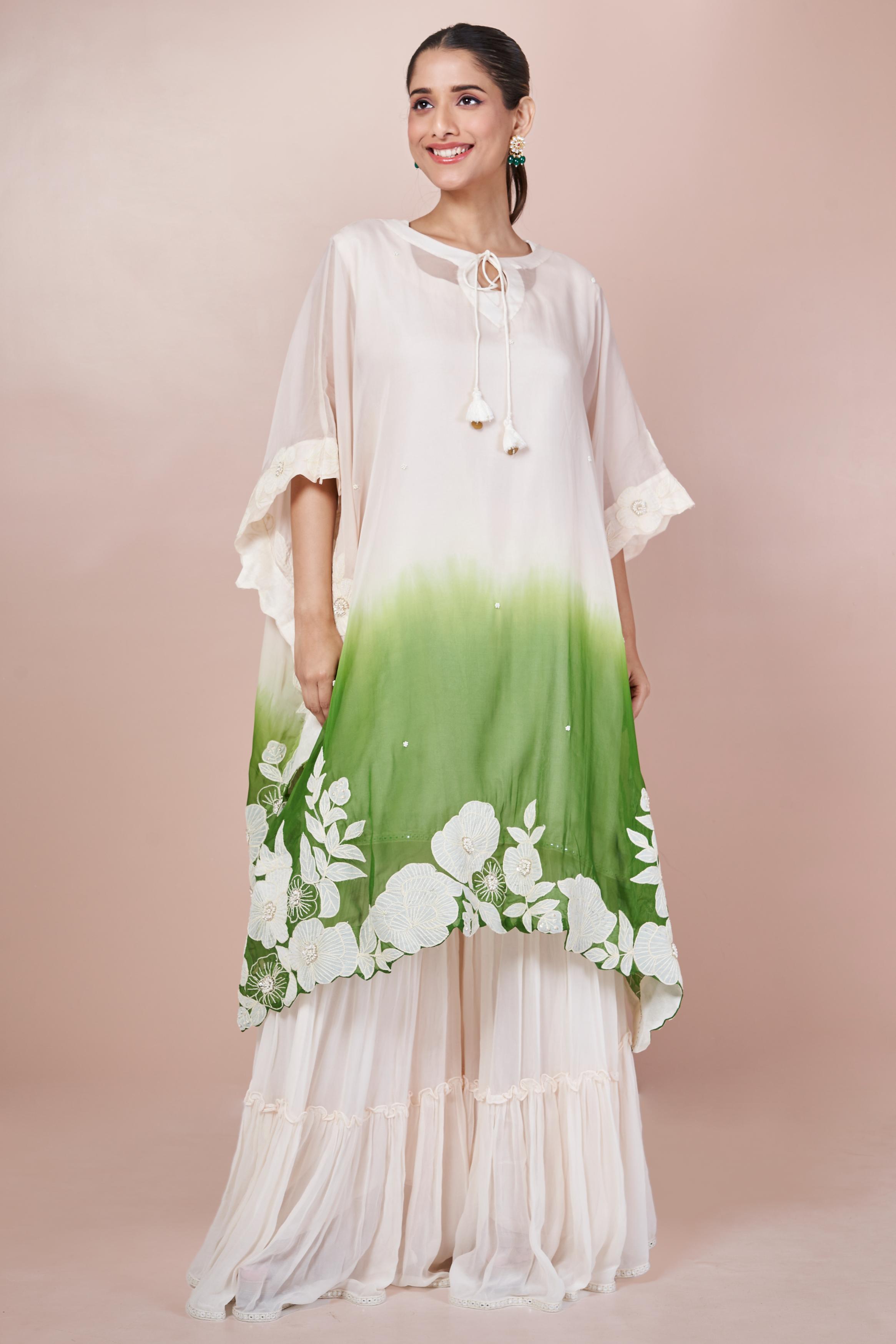 Green Ombre-Dyed Embroidered Georgette Silk Sharara Set