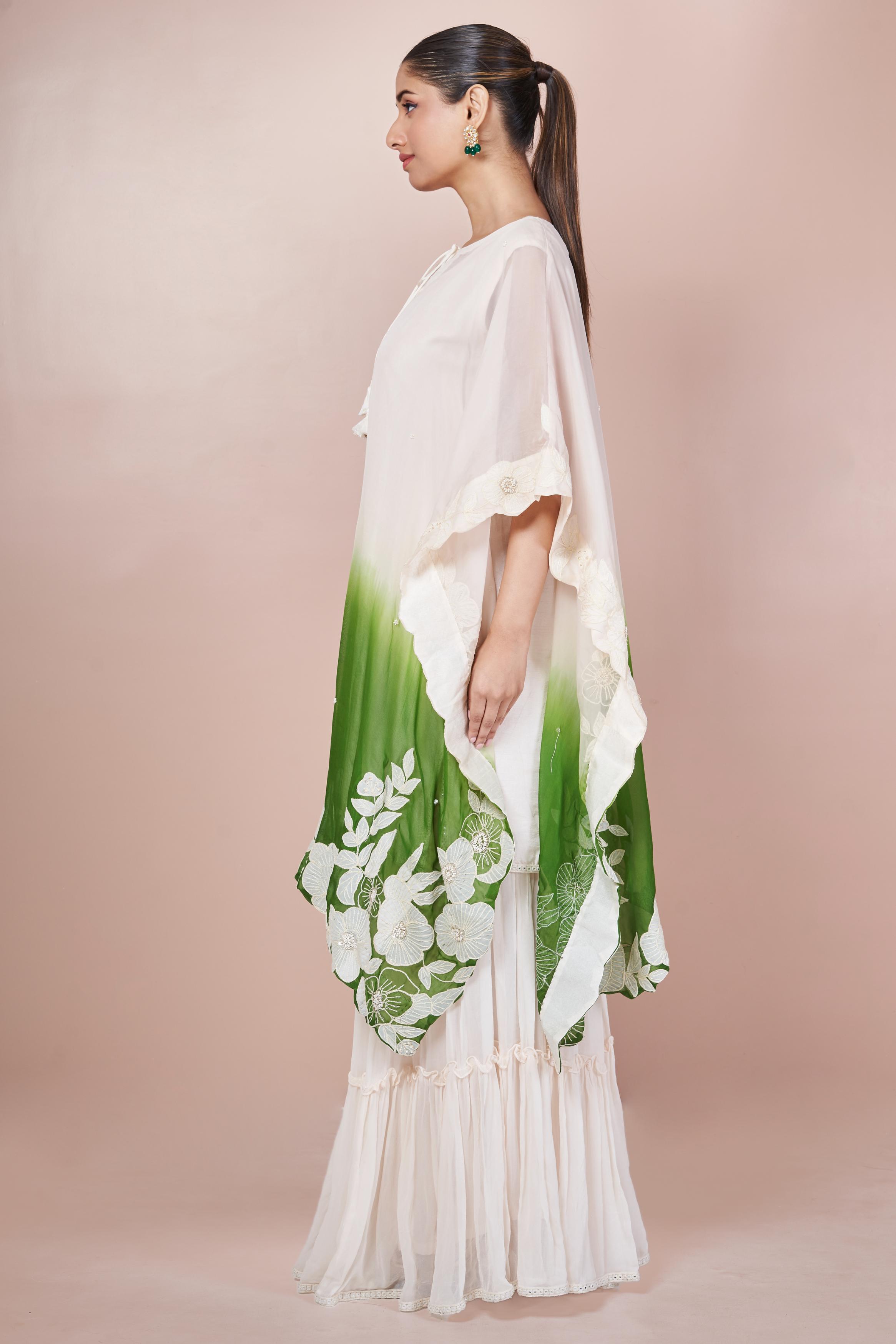 Green Ombre-Dyed Embroidered Georgette Silk Sharara Set