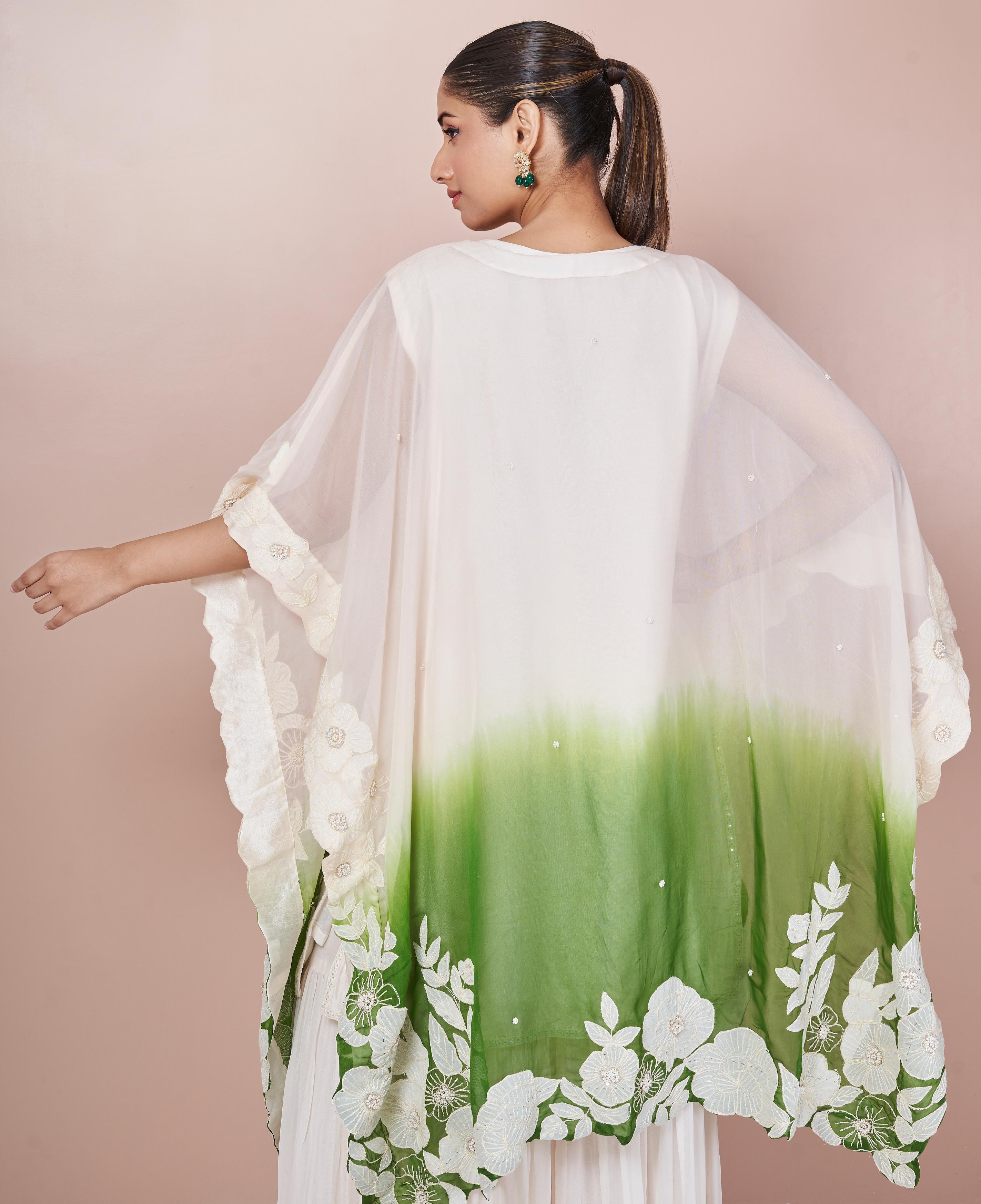 Green Ombre-Dyed Embroidered Georgette Silk Sharara Set