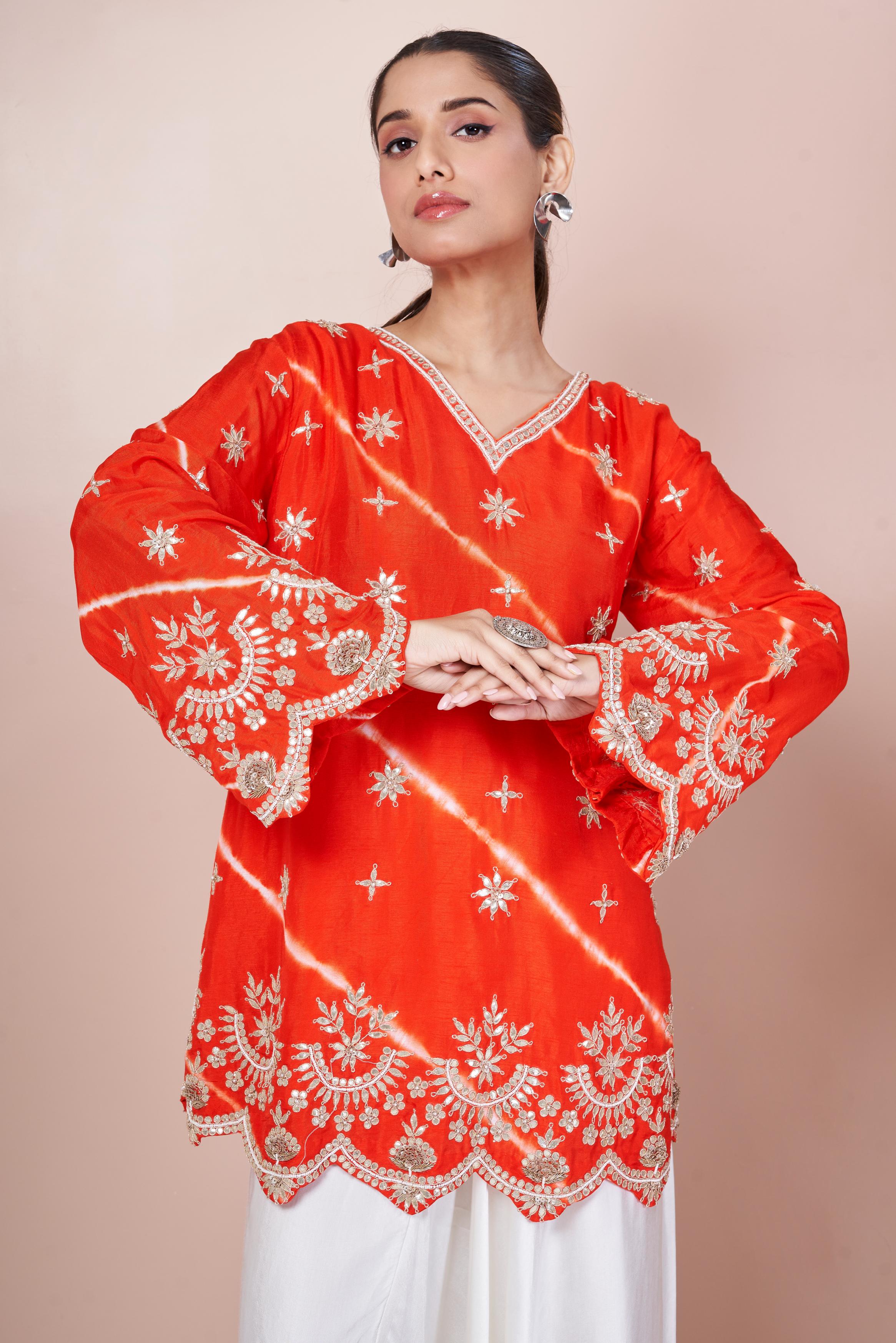 Bright Orange Embellished Swiss Georgette Co-Ord Set