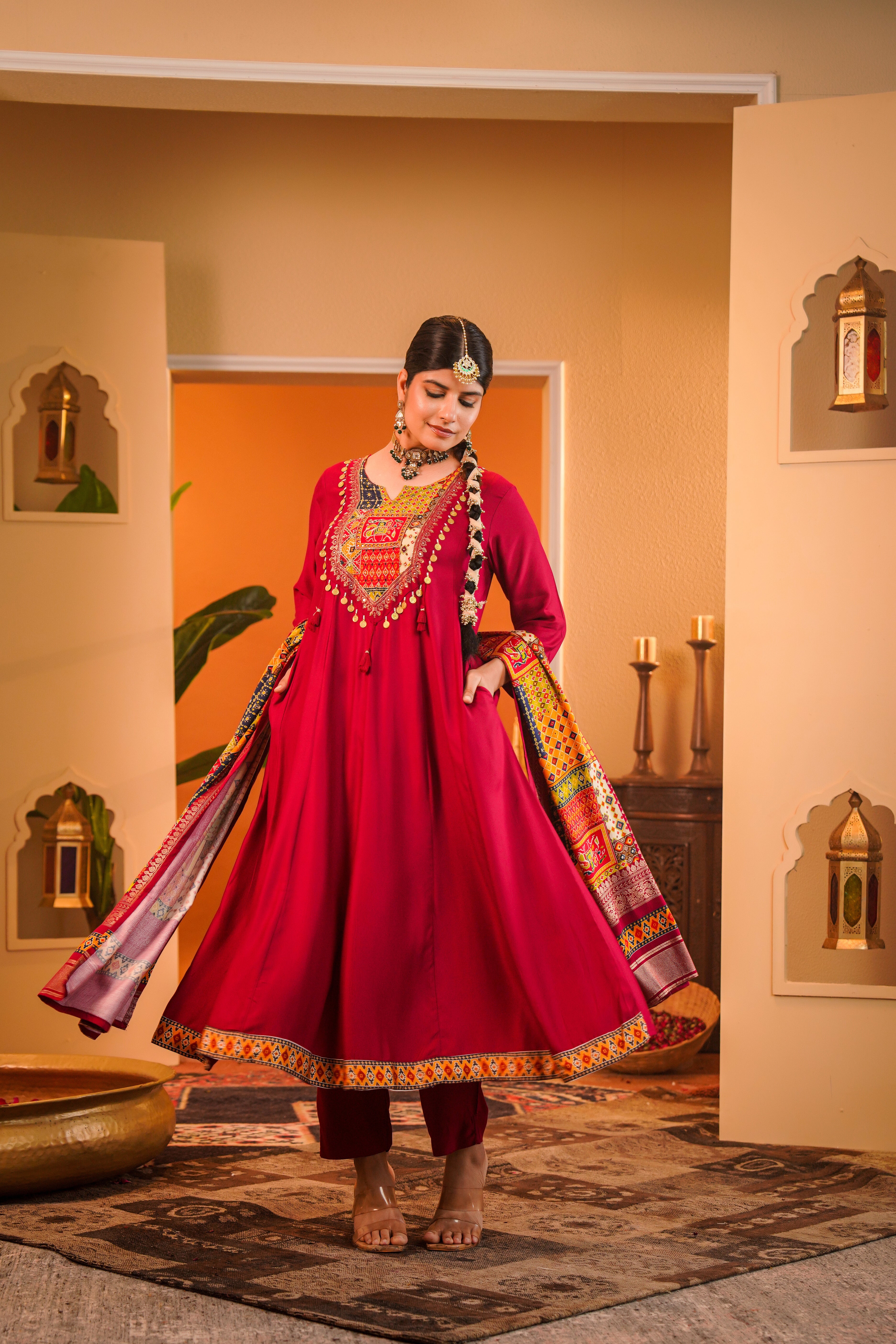 Regal Maroon Embellished Crepe Silk Anarkali Set