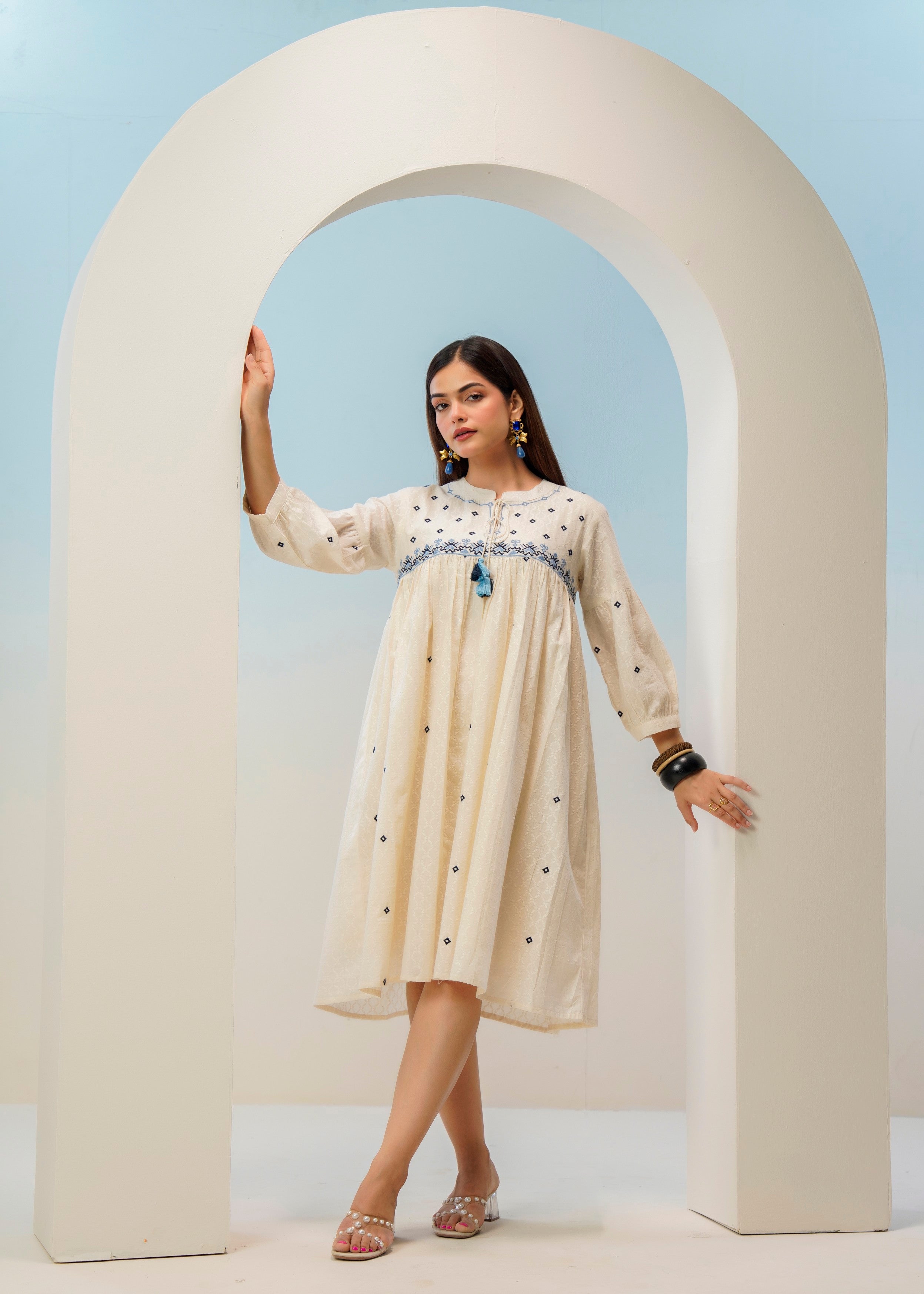 Off-White Floral Embroidered Cotton Dress