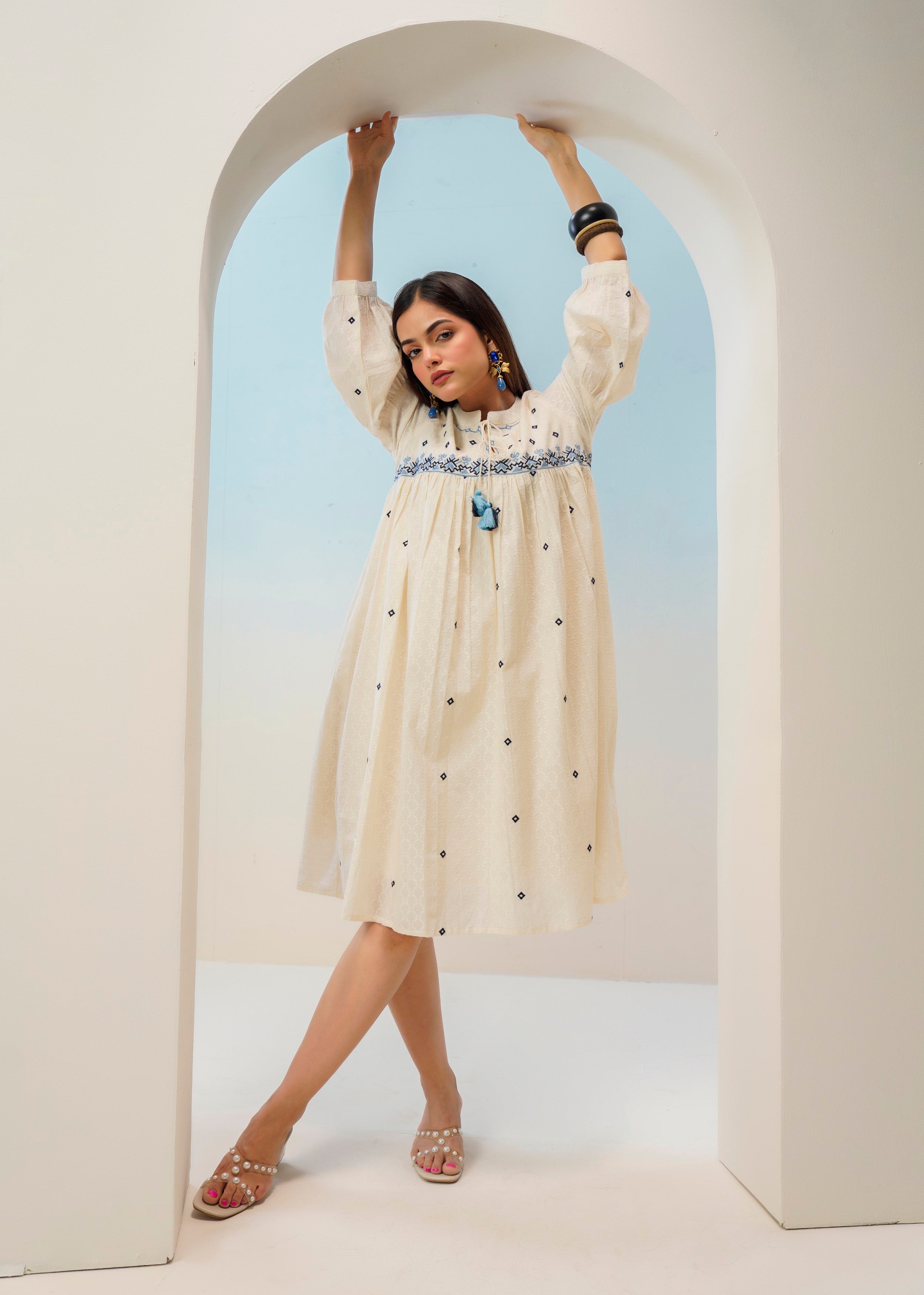 Off-White Floral Embroidered Cotton Dress