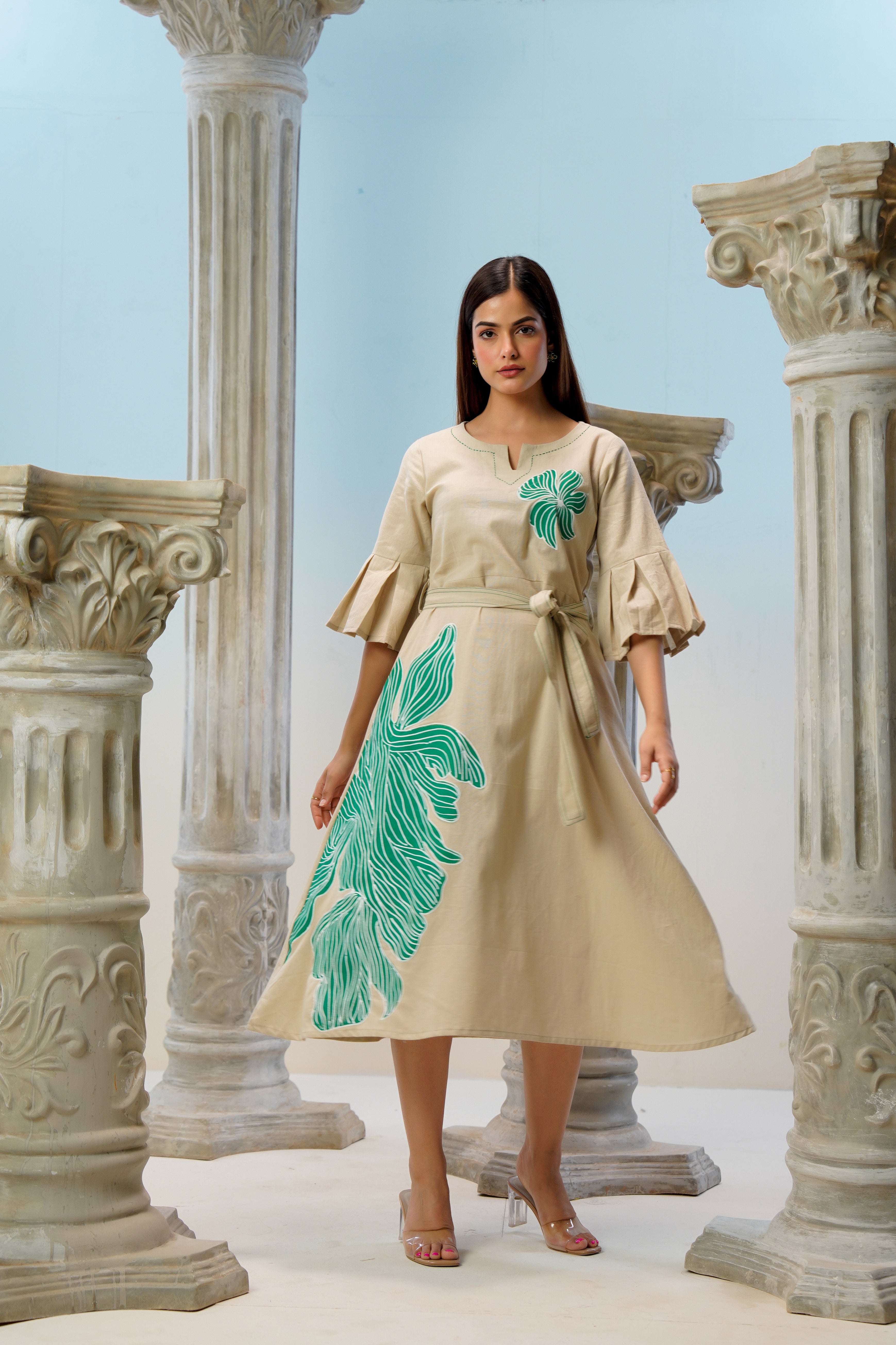 Beige Hand-Painted Pure Cotton Midi Dress