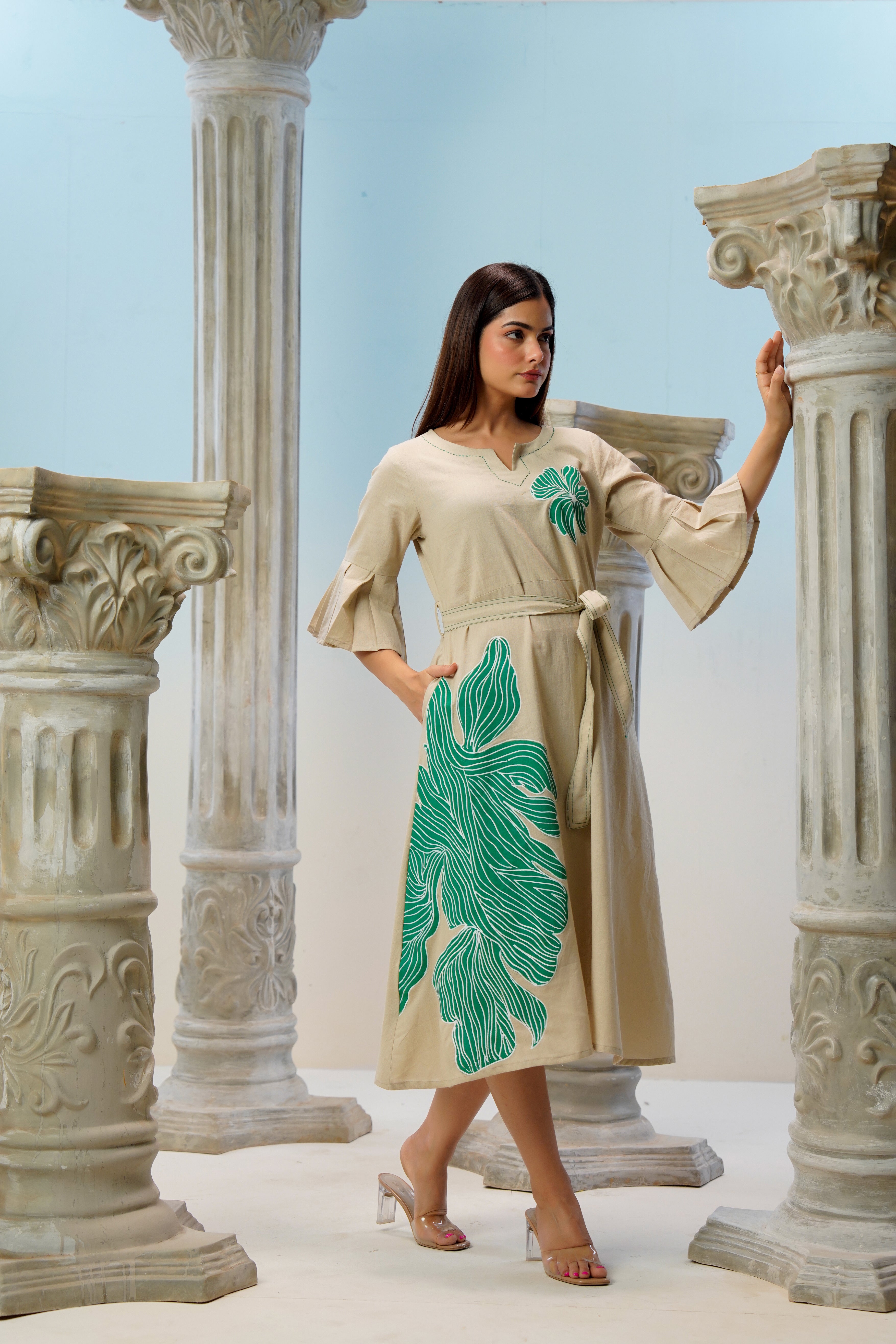 Beige Hand-Painted Pure Cotton Midi Dress
