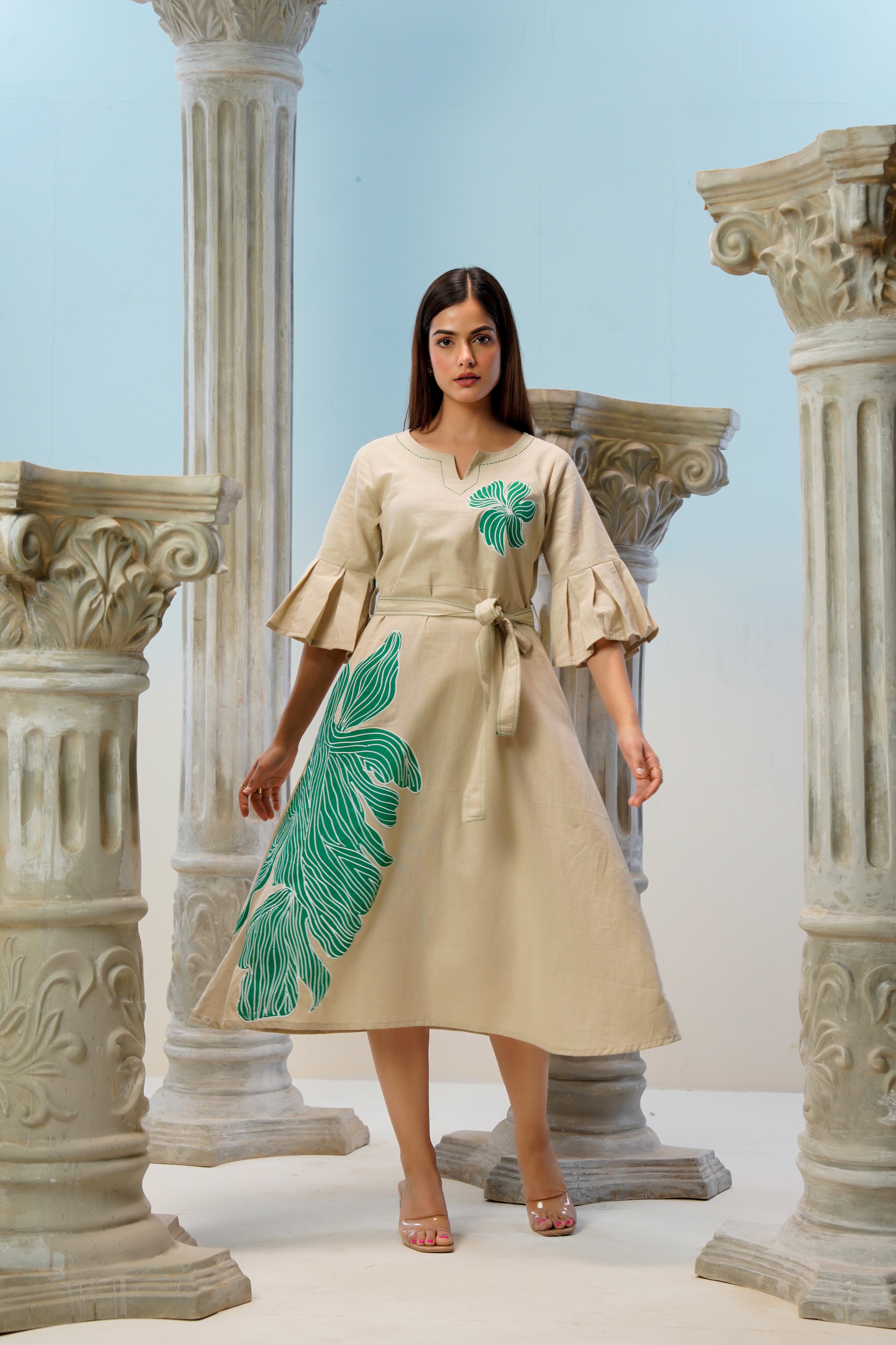 Beige Hand-Painted Pure Cotton Midi Dress