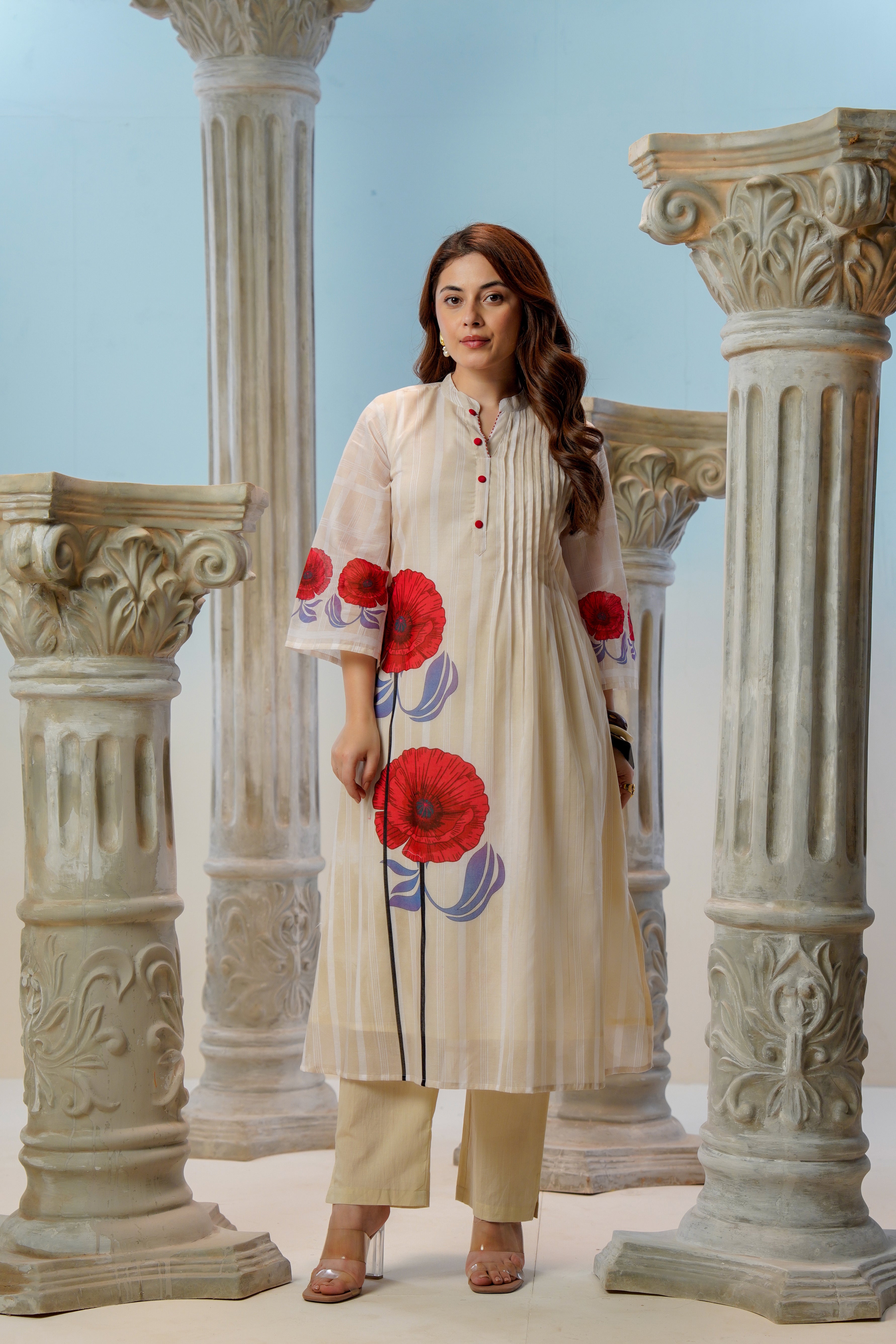 Cream Poppy Printed Cotton Kurta Set
