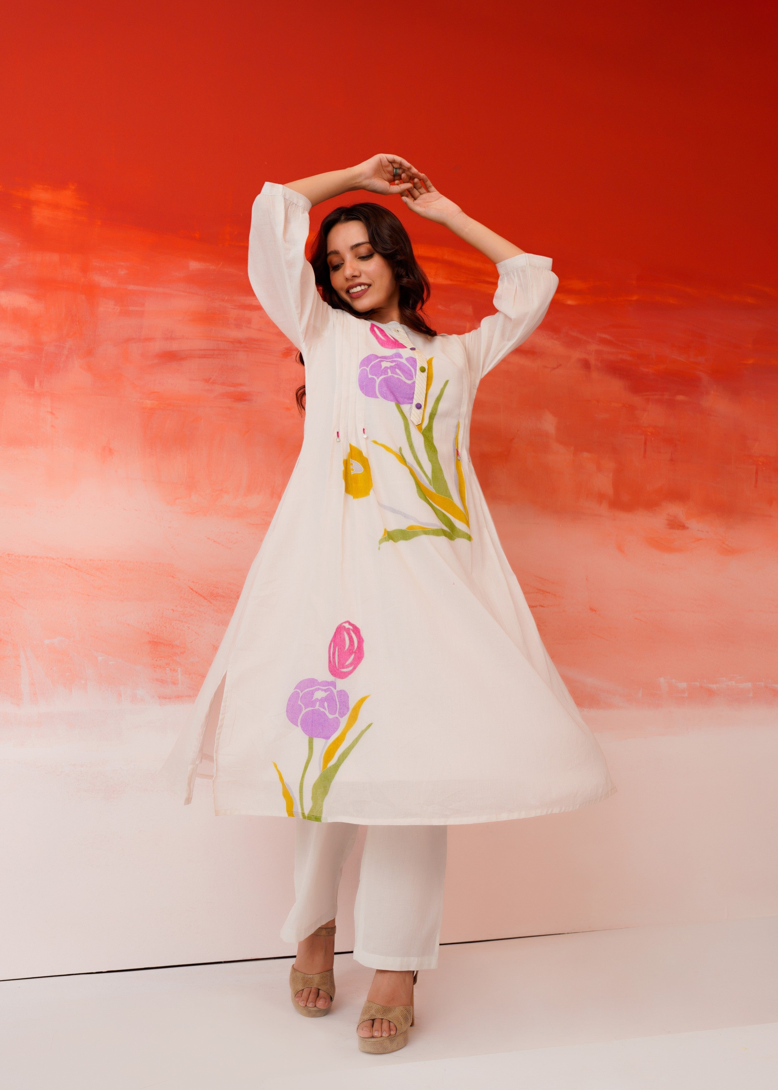 Off-White Tulip Printed Mul Cotton Kurta Set
