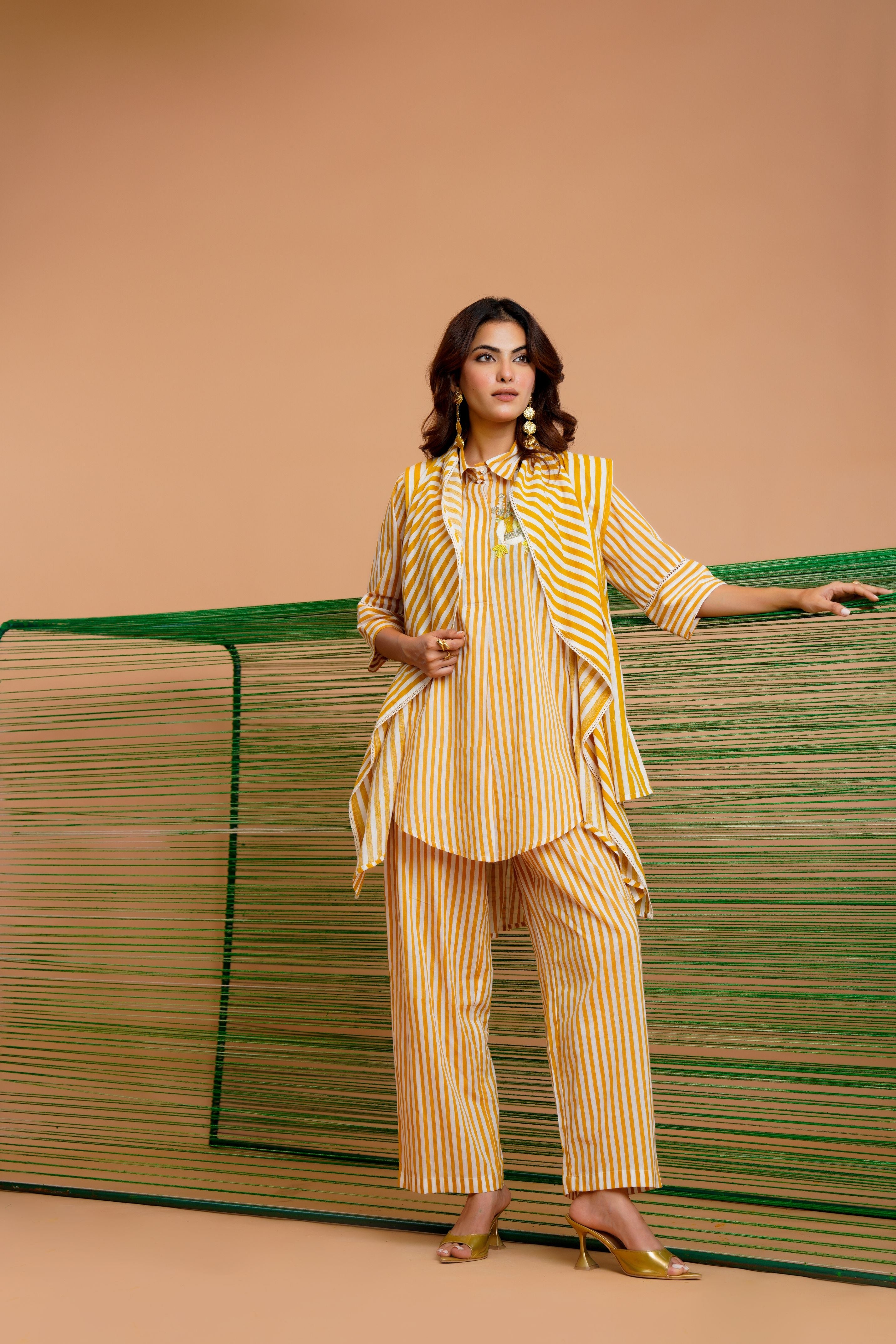 Ochre Stripe Embellished Mul Chanderi Co-Ord Set