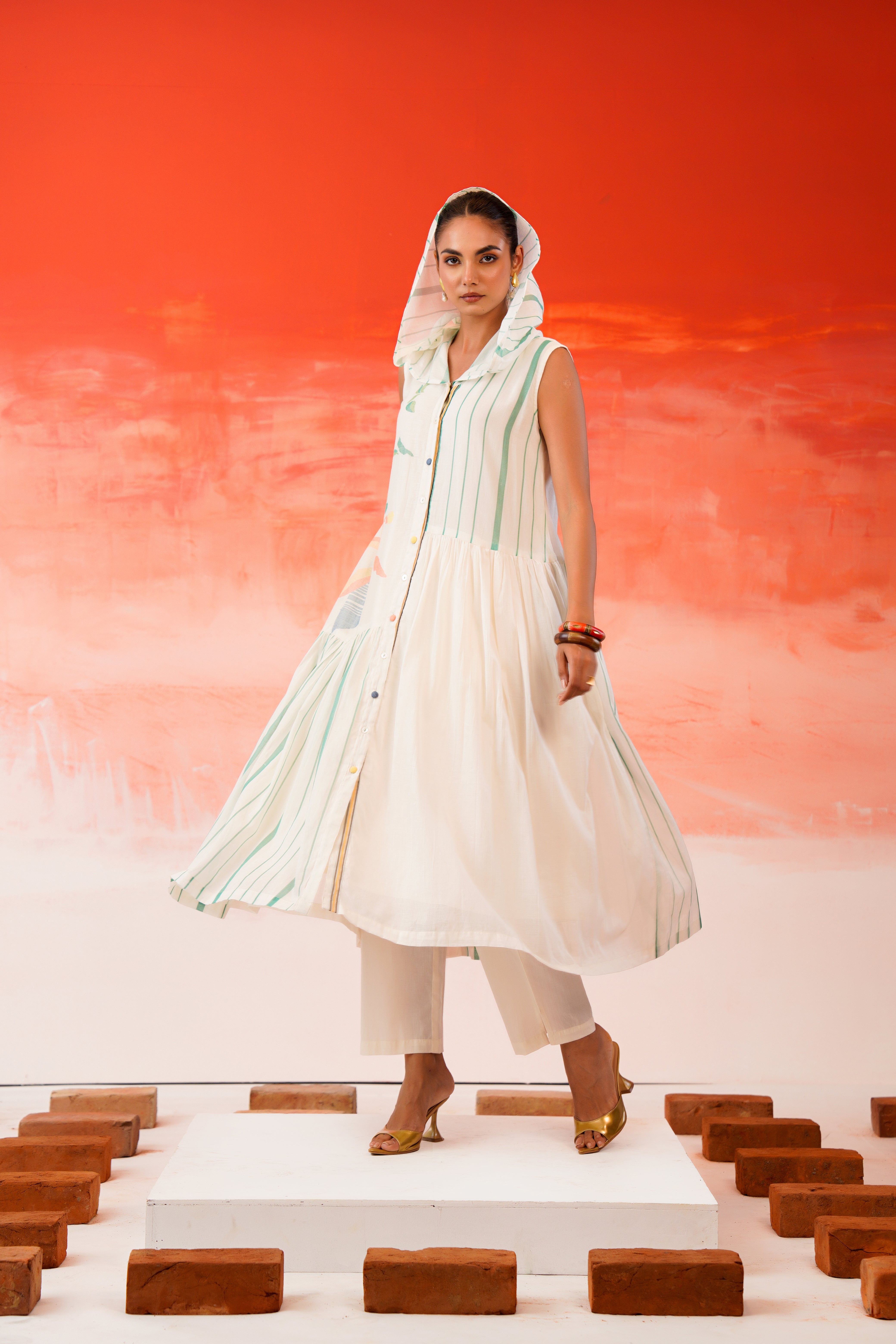 Snow White Printed Cotton Kurta Set