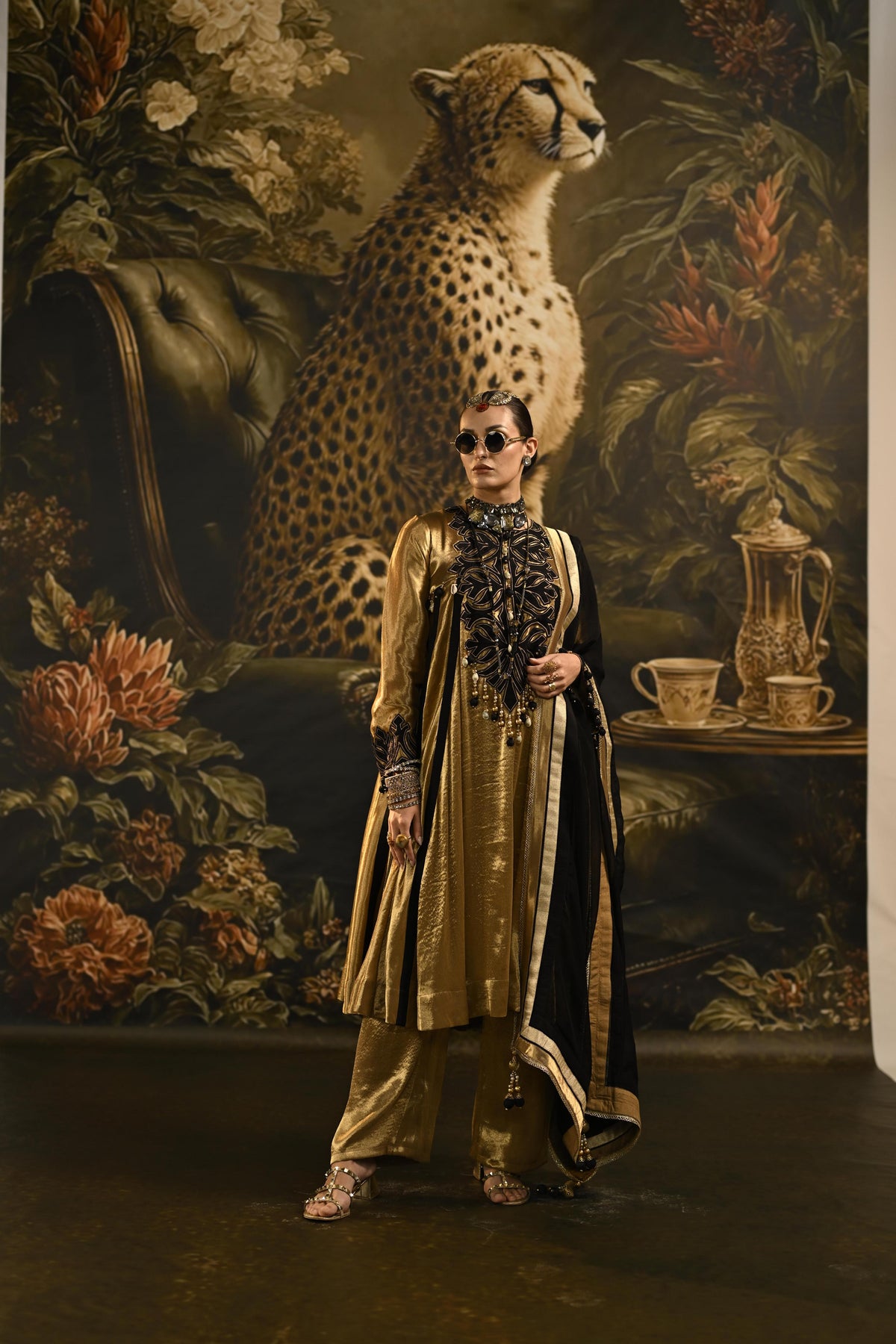 Metallic Gold Embellished Banarasi Tissue Silk Anarkali Set