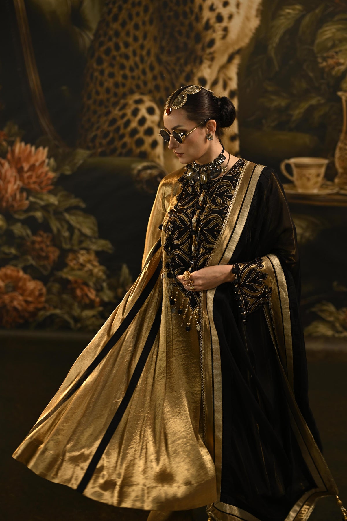 Metallic Gold Embellished Banarasi Tissue Silk Anarkali Set