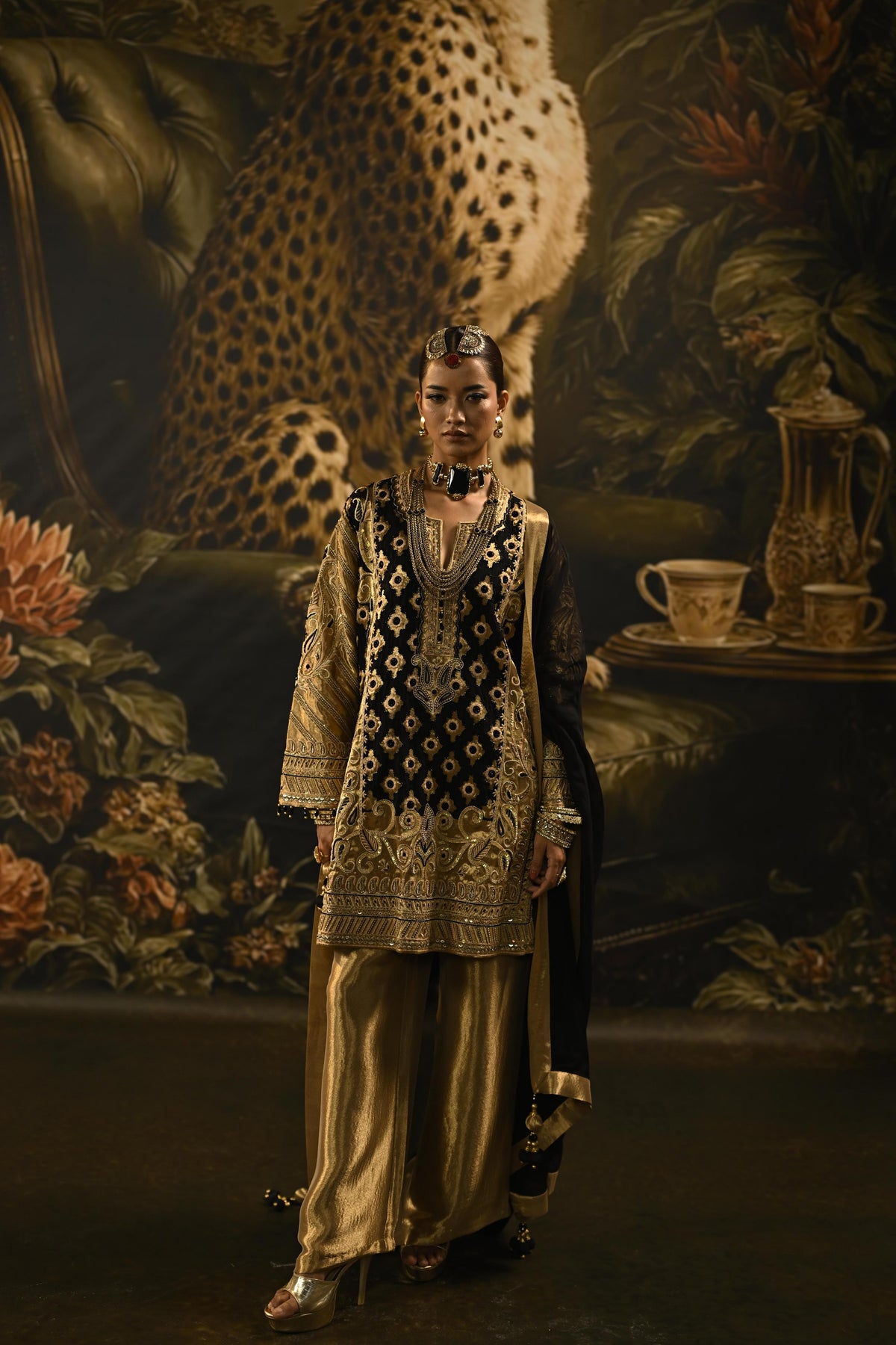 Gold Noir Embellished Tissue Banarasi Silk Kurta Set
