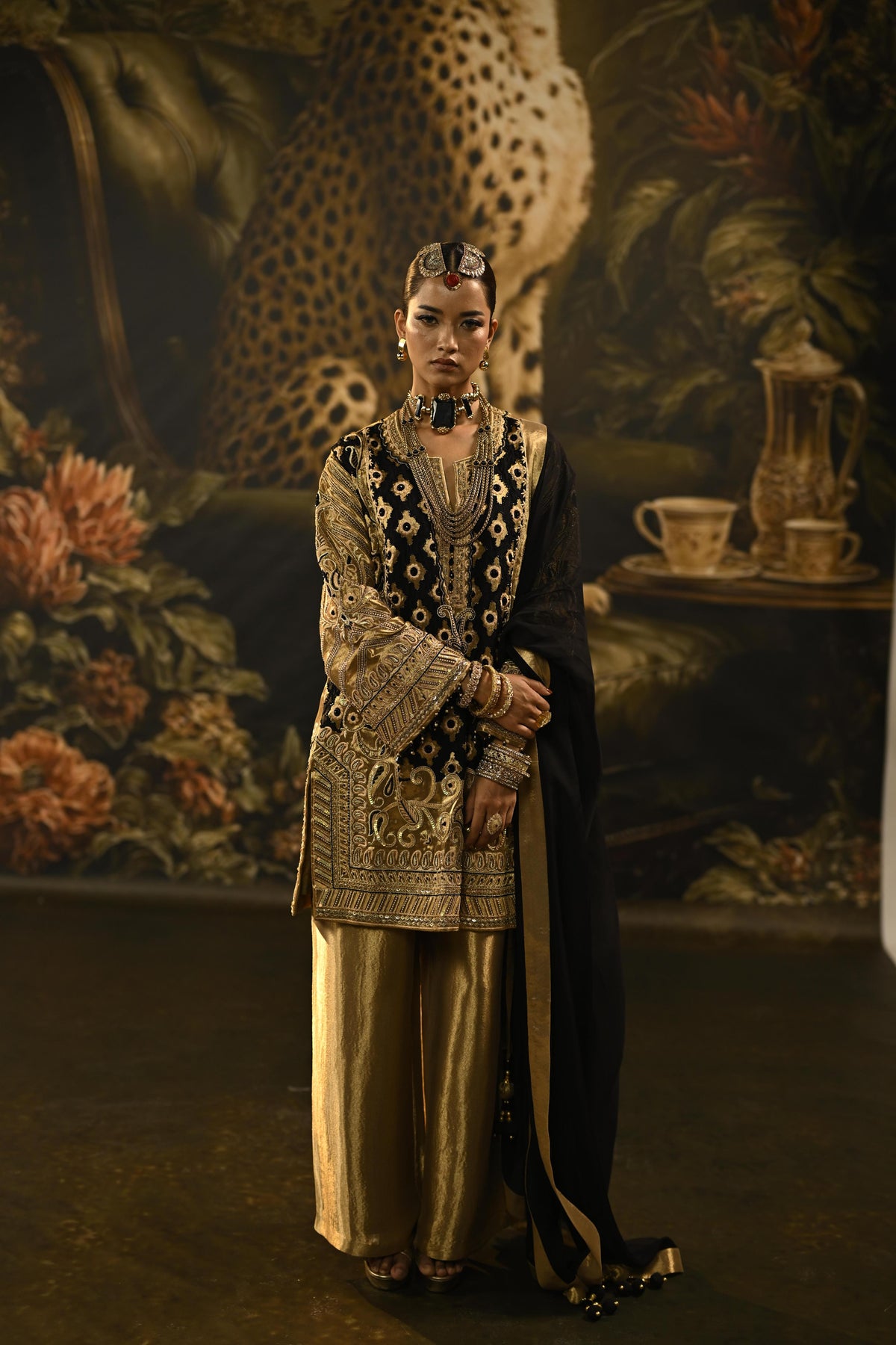 Gold Noir Embellished Tissue Banarasi Silk Kurta Set