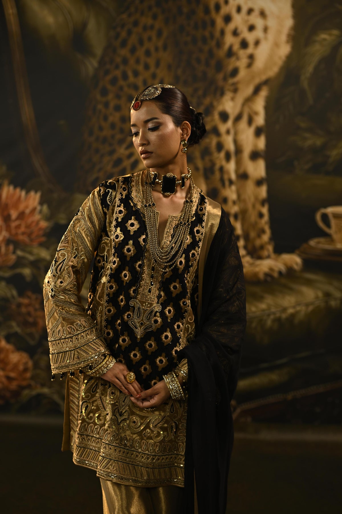 Gold Noir Embellished Tissue Banarasi Silk Kurta Set