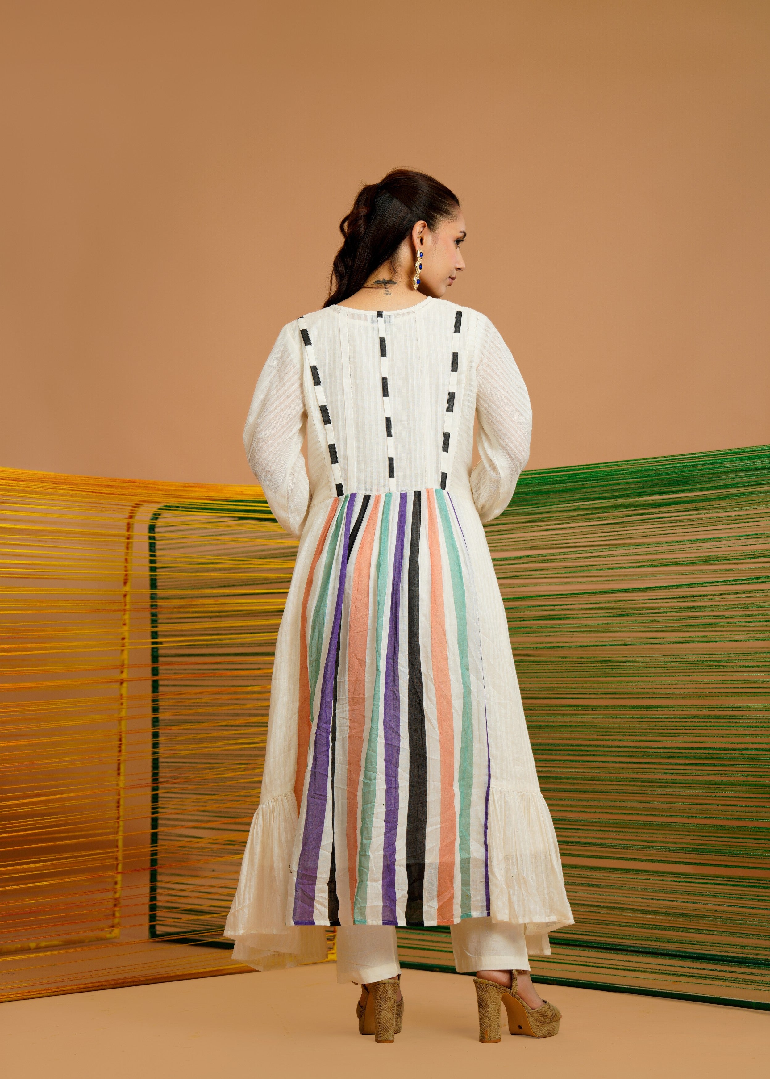 Ivory Multi-Stripe Printed Cotton Kurta Set