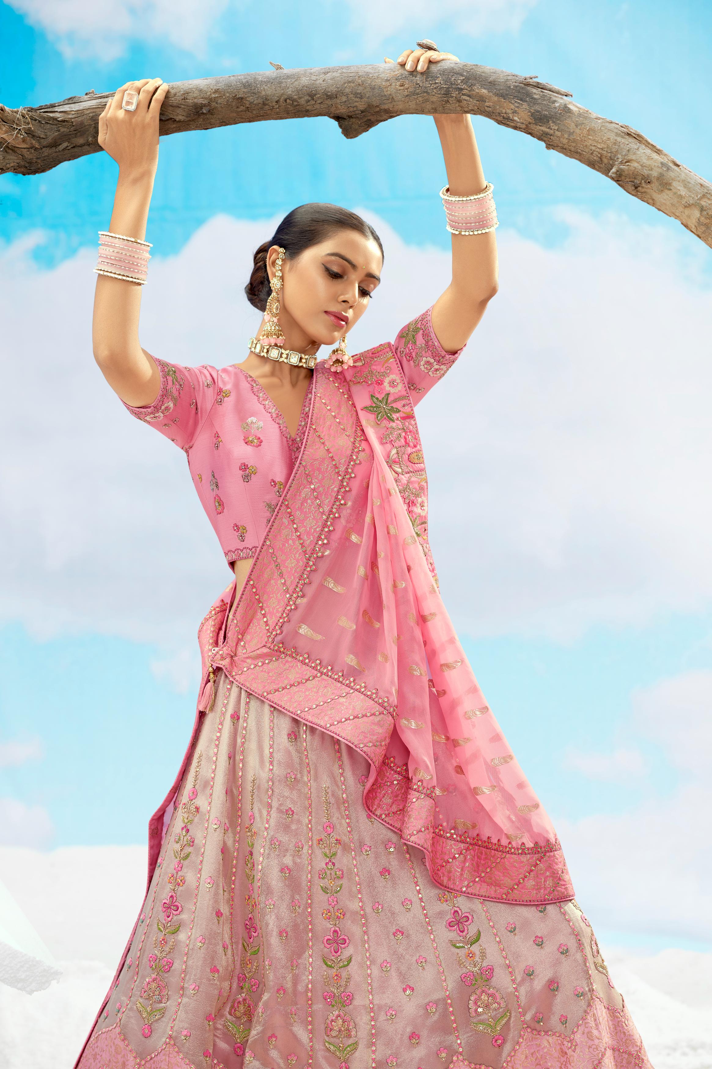 Peach Embroidered Premium Organza Silk Lehenga Set