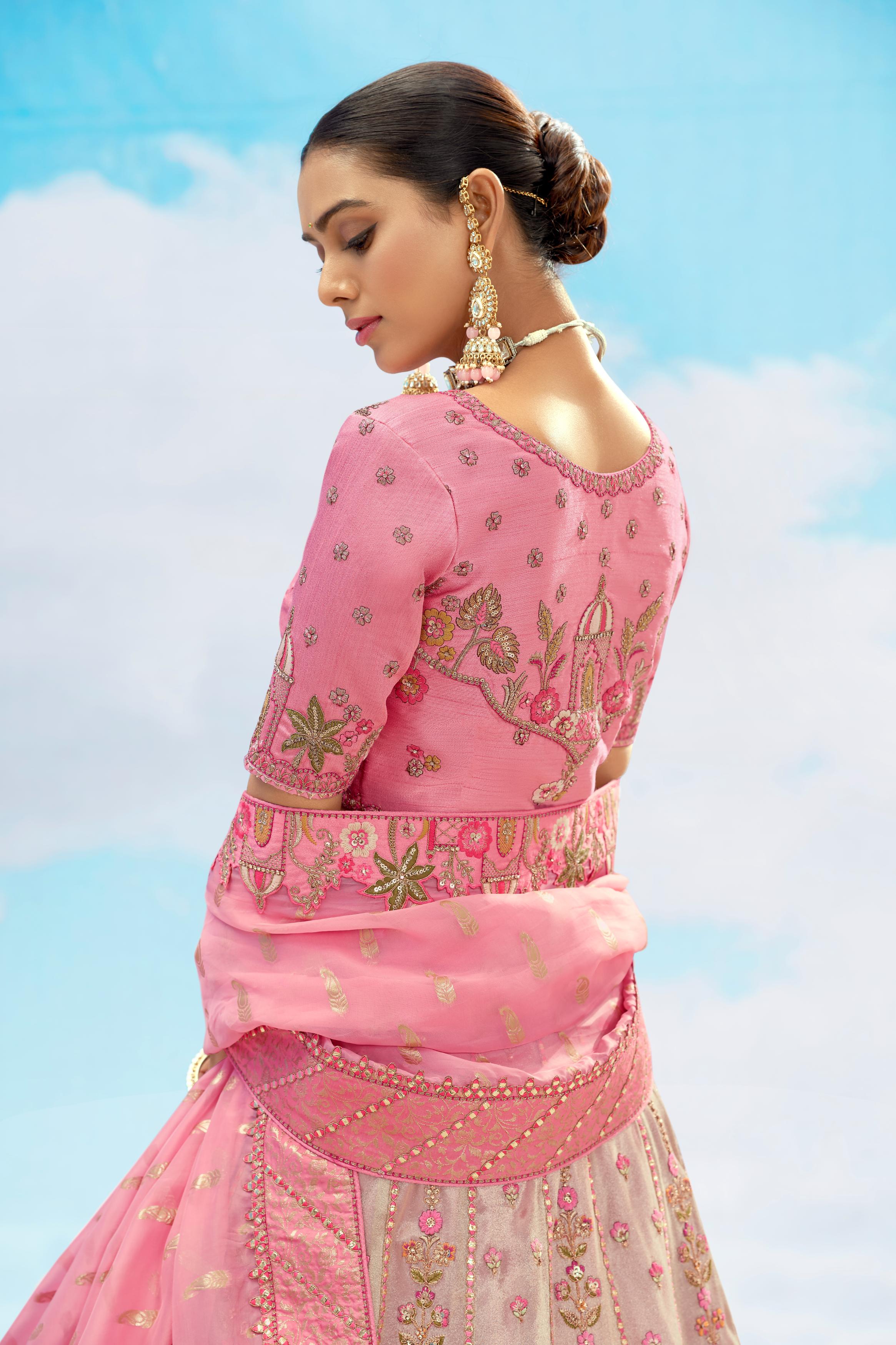 Peach Embroidered Premium Organza Silk Lehenga Set