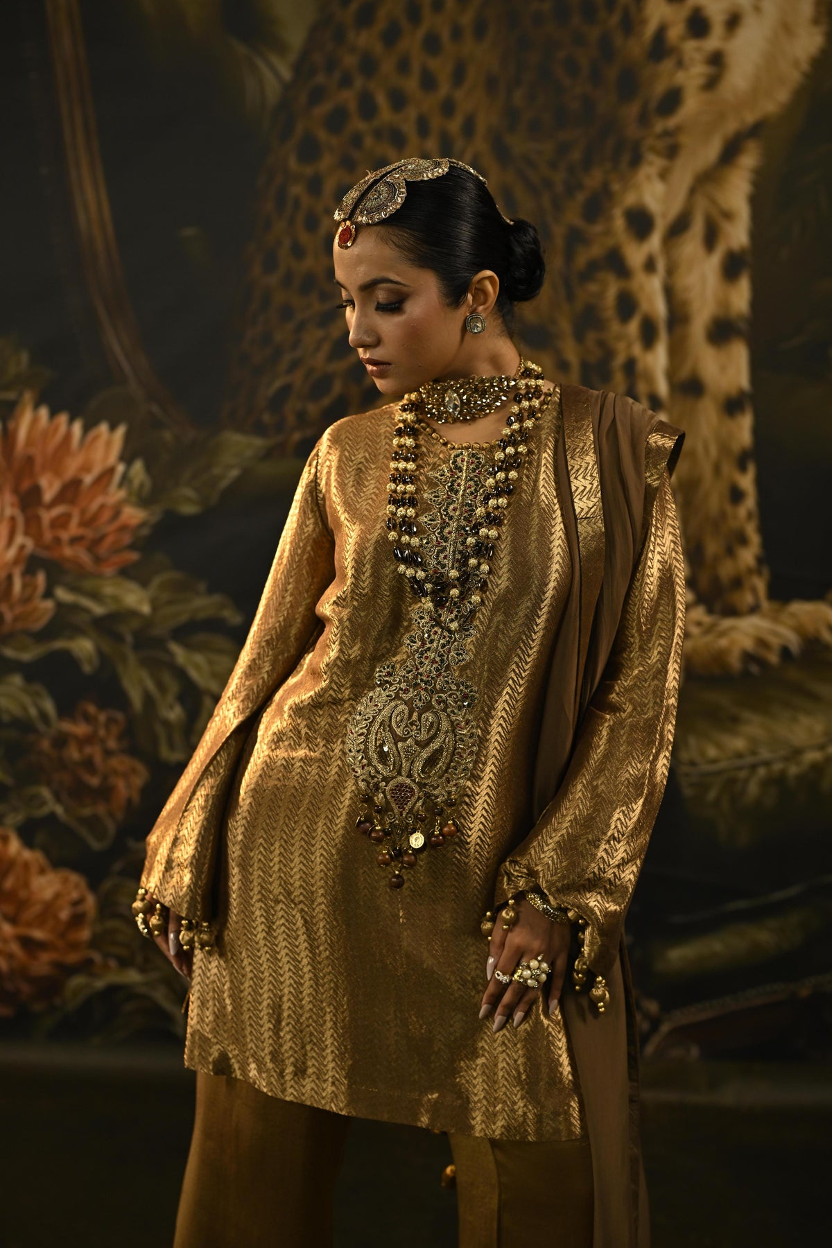Champagne Gold Embellished Banarasi Brocade Silk Pant Set