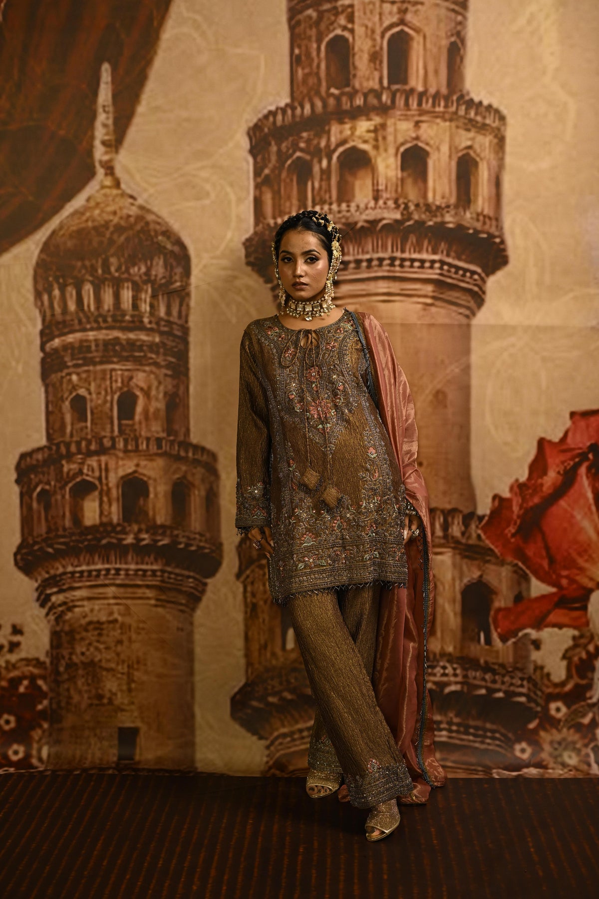 Brown Olive Embellished Tissue Silk Pant Set