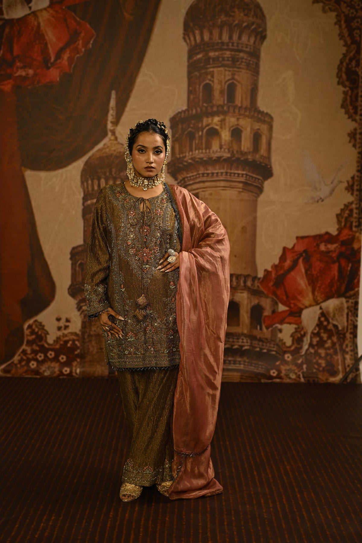 Brown Olive Embellished Tissue Silk Pant Set