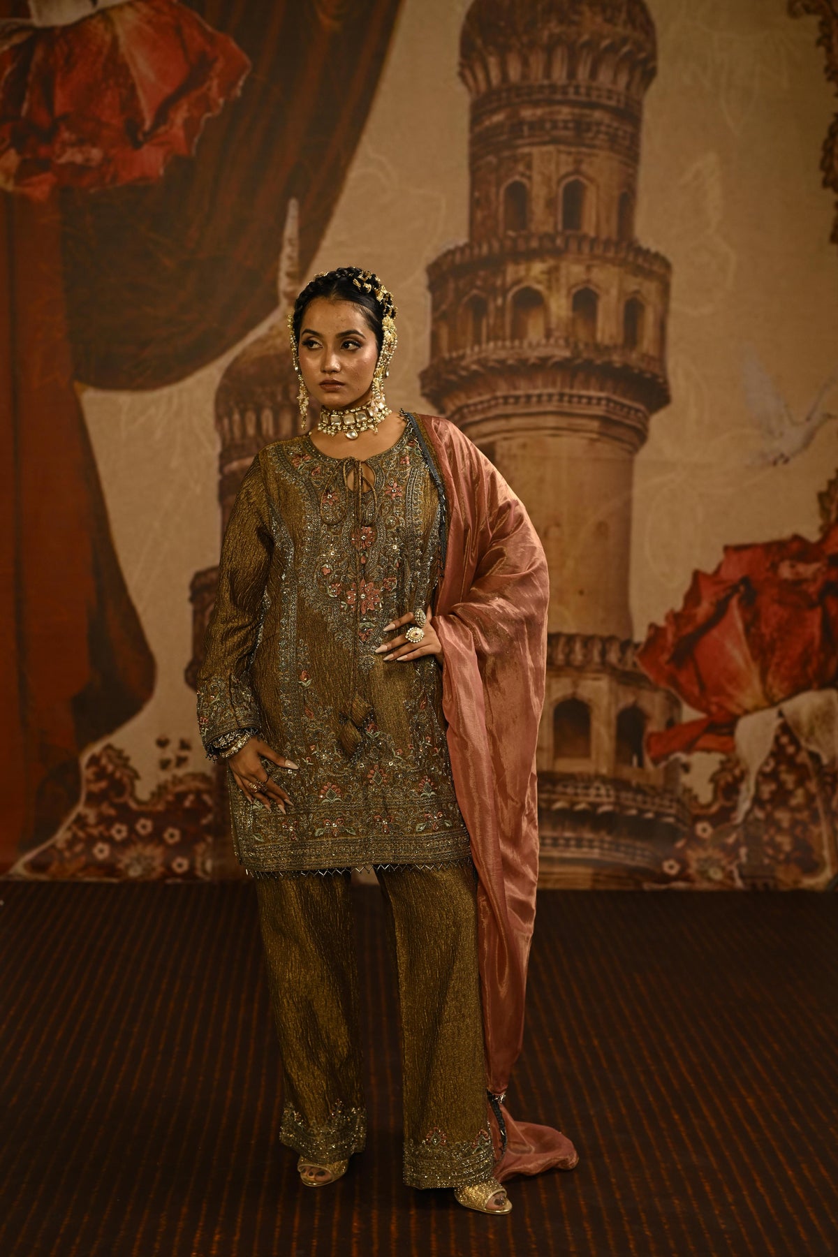 Brown Olive Embellished Tissue Silk Pant Set