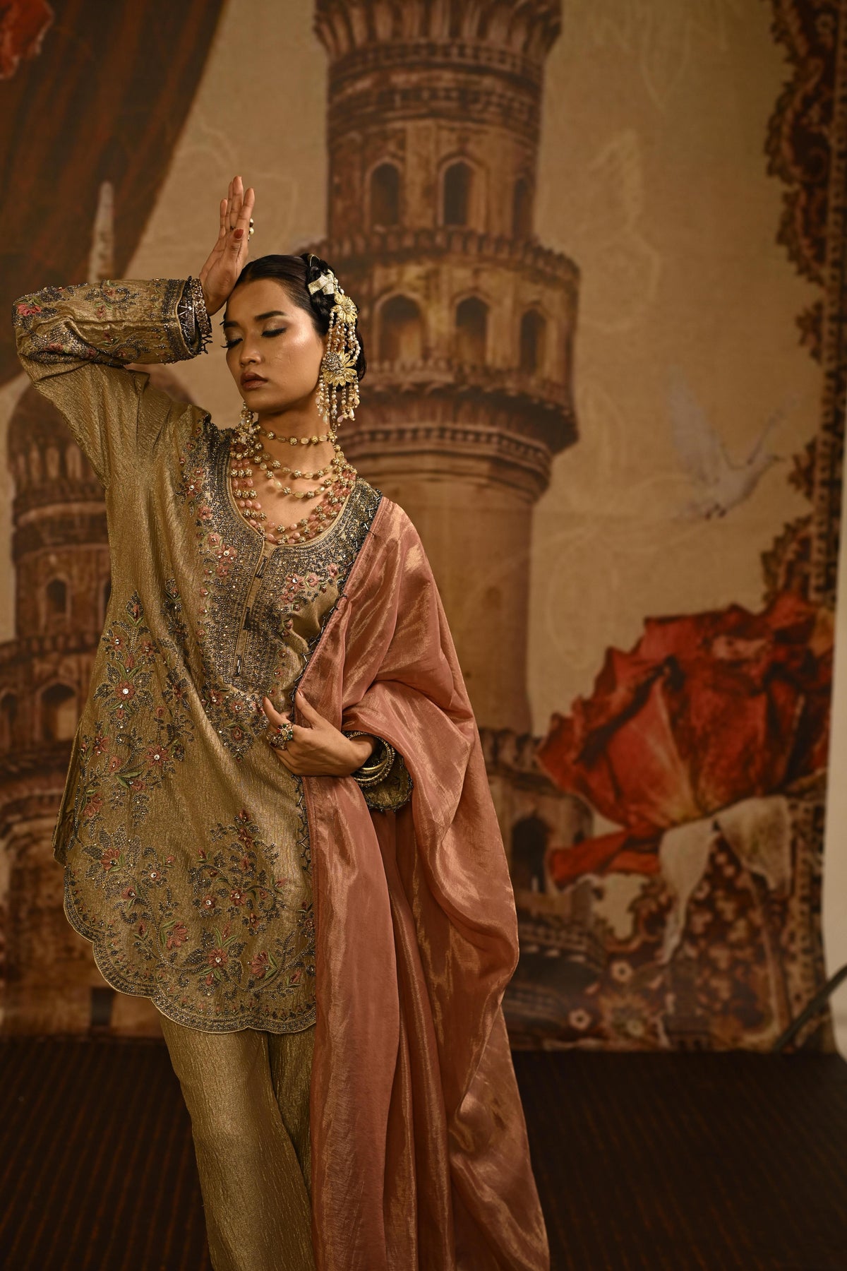 Sand Beige Embellished Tissue Silk Pant Set