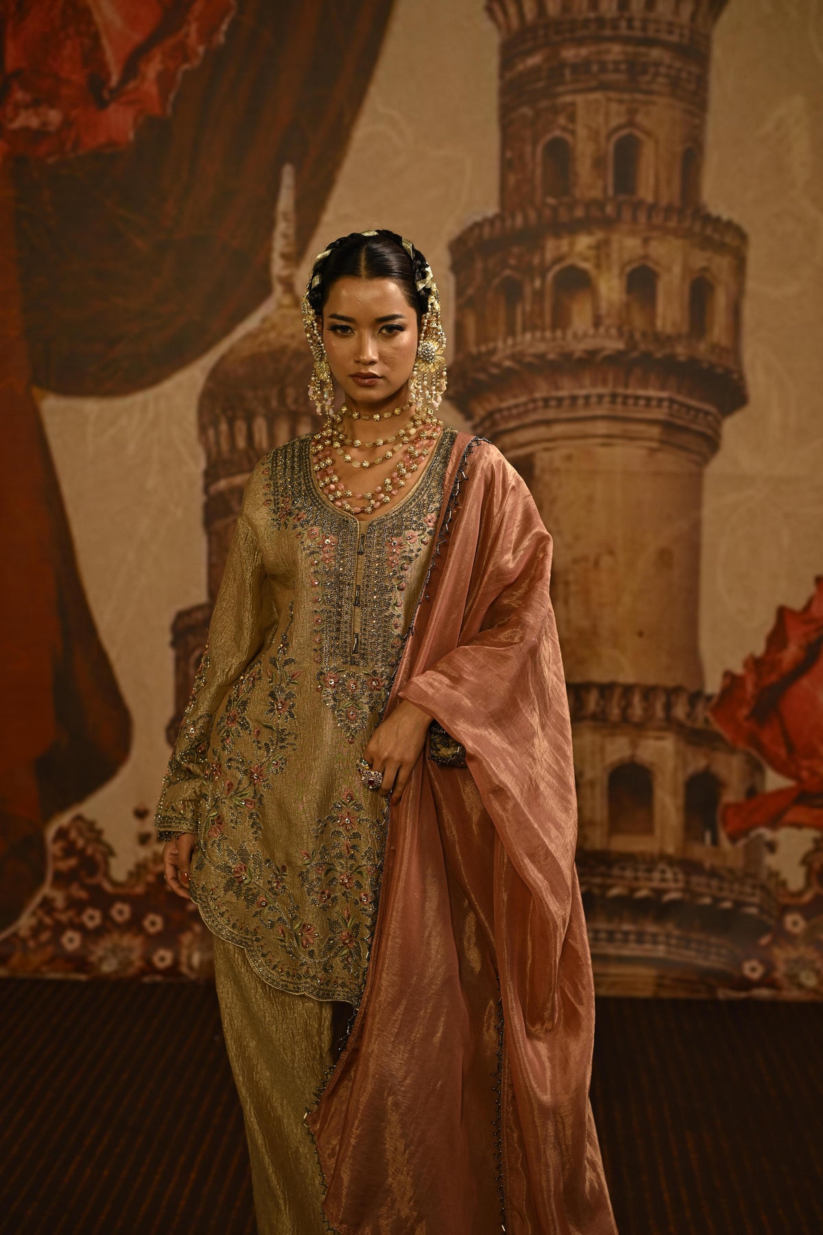 Sand Beige Embellished Tissue Silk Pant Set