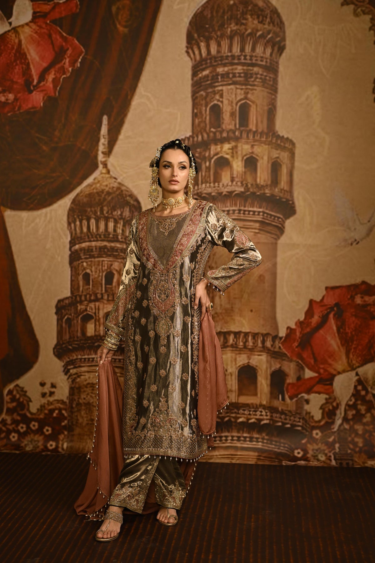 Metallic Brown Embellished Tissue Banarasi Silk Pant Set