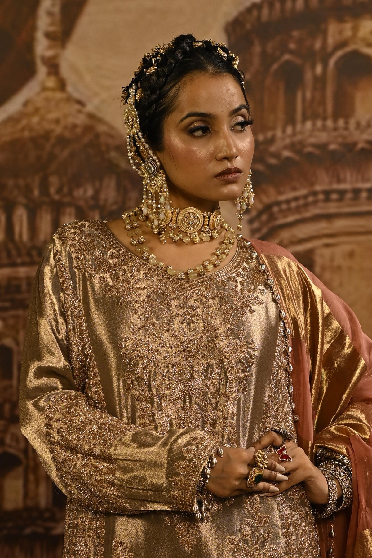 Rose Champagne Embellished Tissue Banarasi Silk Pant Set