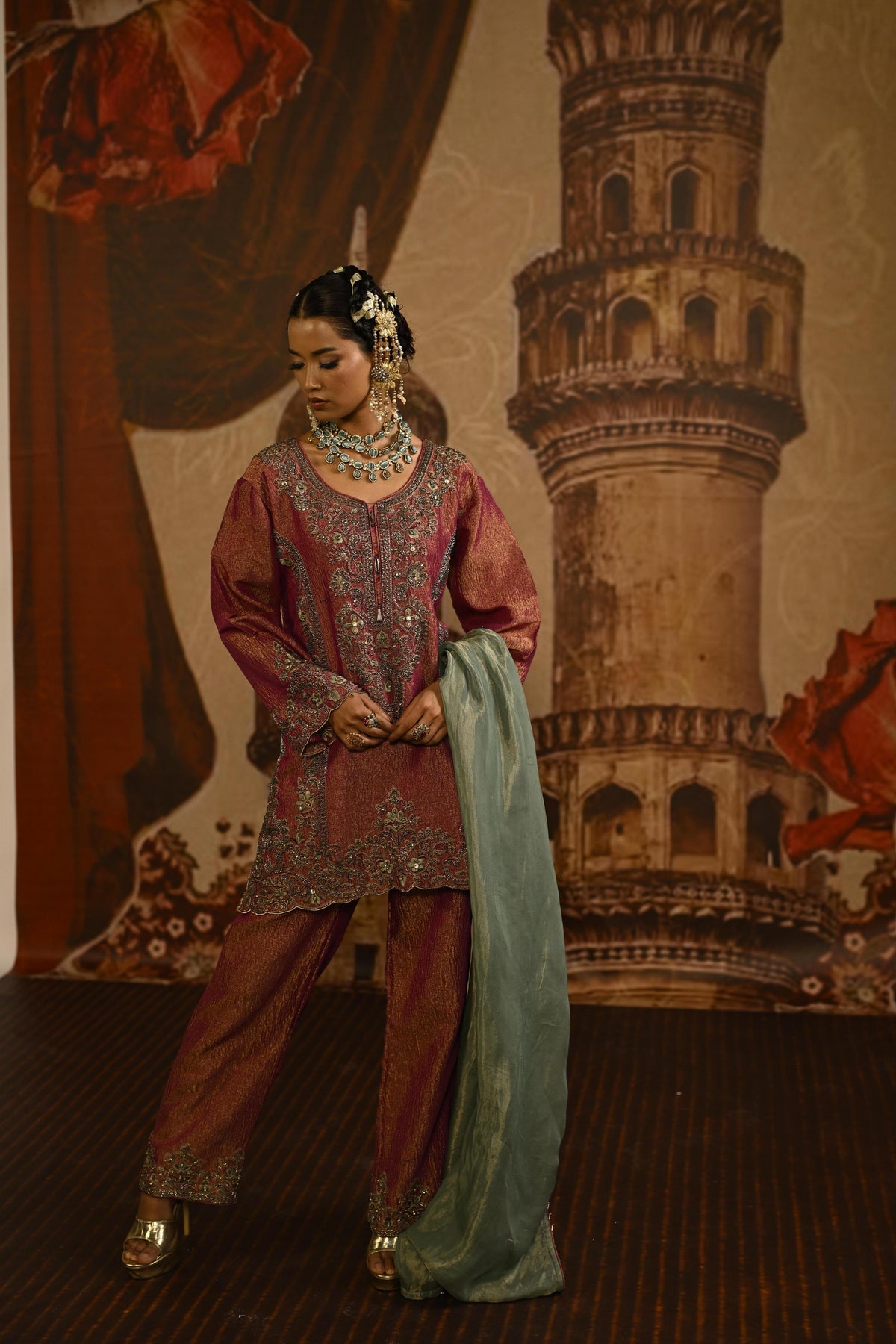 Deep Pink Embellished Tissue Silk Pant Set