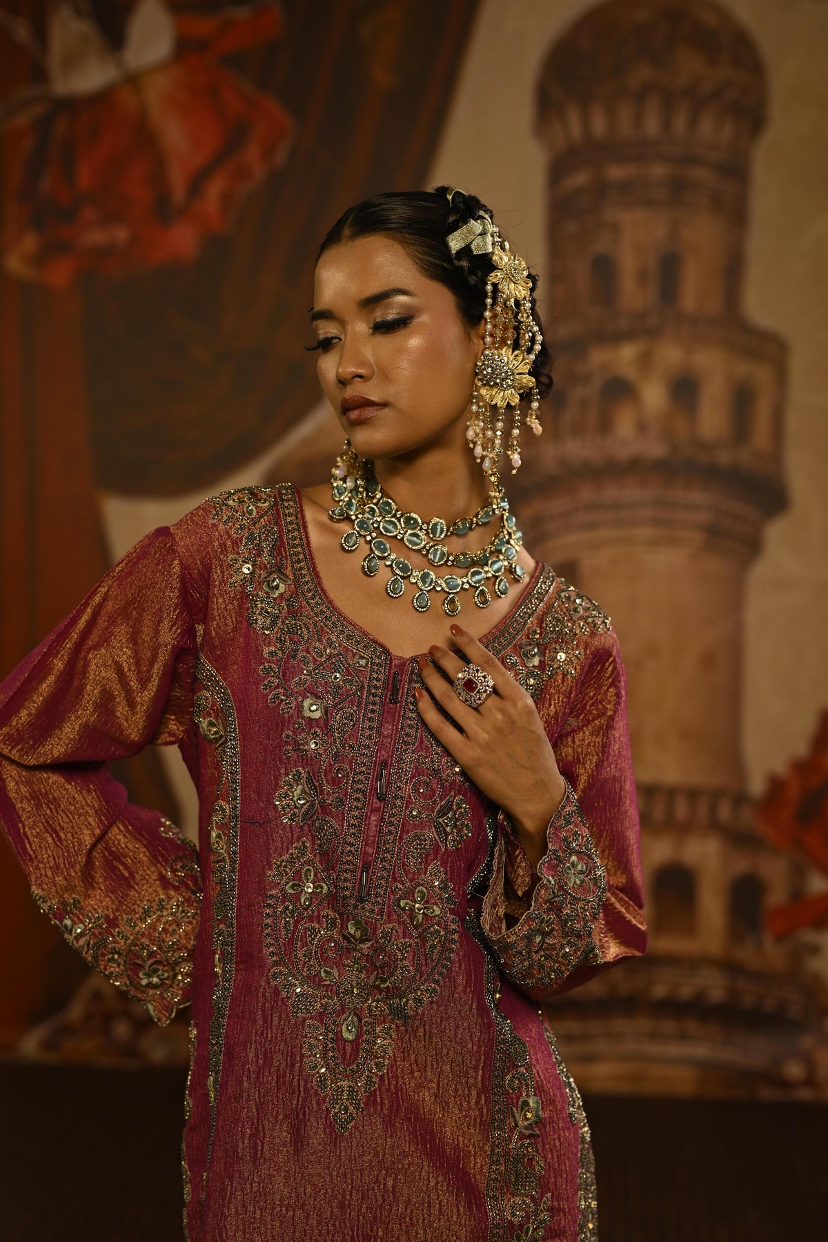 Deep Pink Embellished Tissue Silk Pant Set