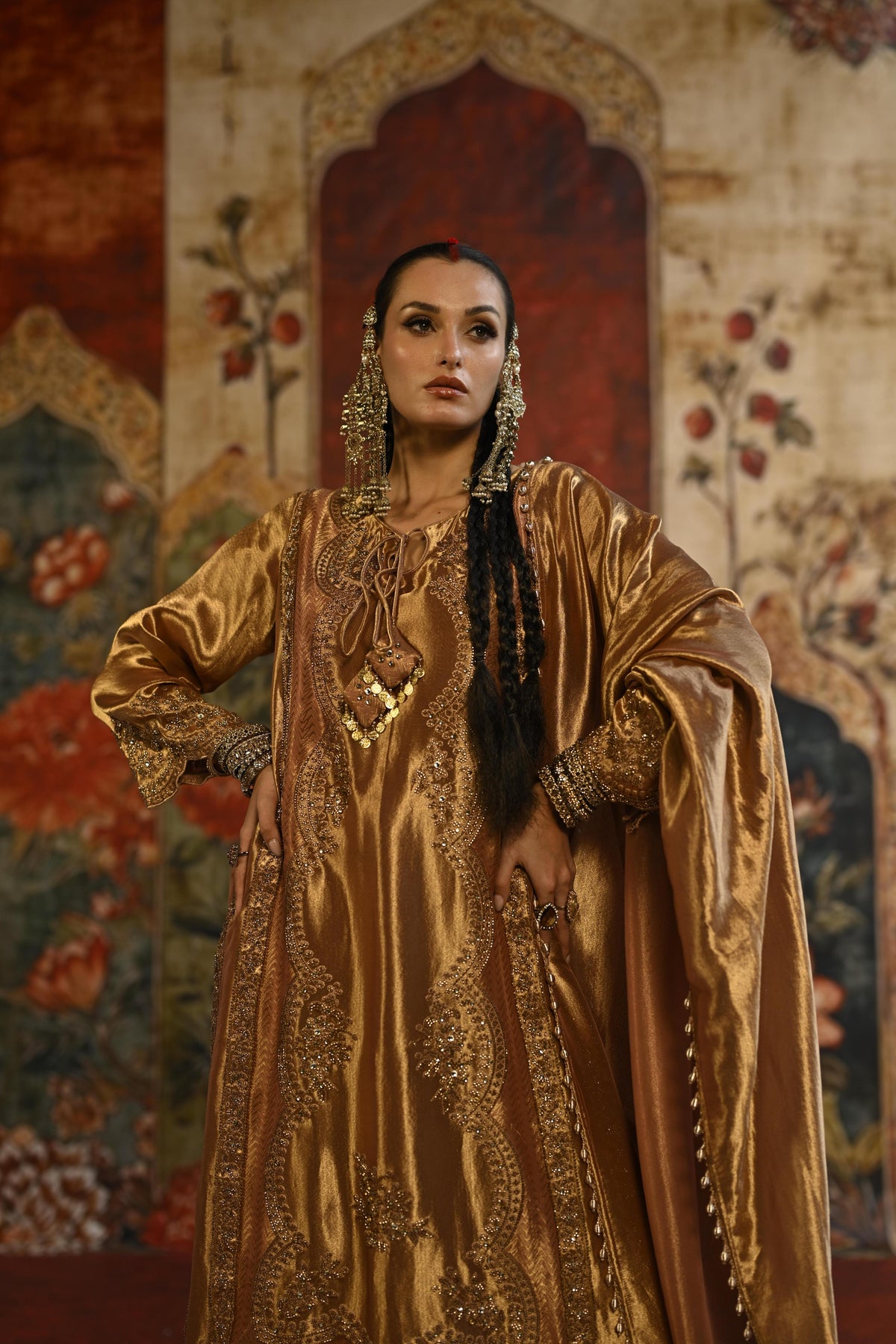 Golden Bronze Embellished Tissue Banarasi Silk Pant Set