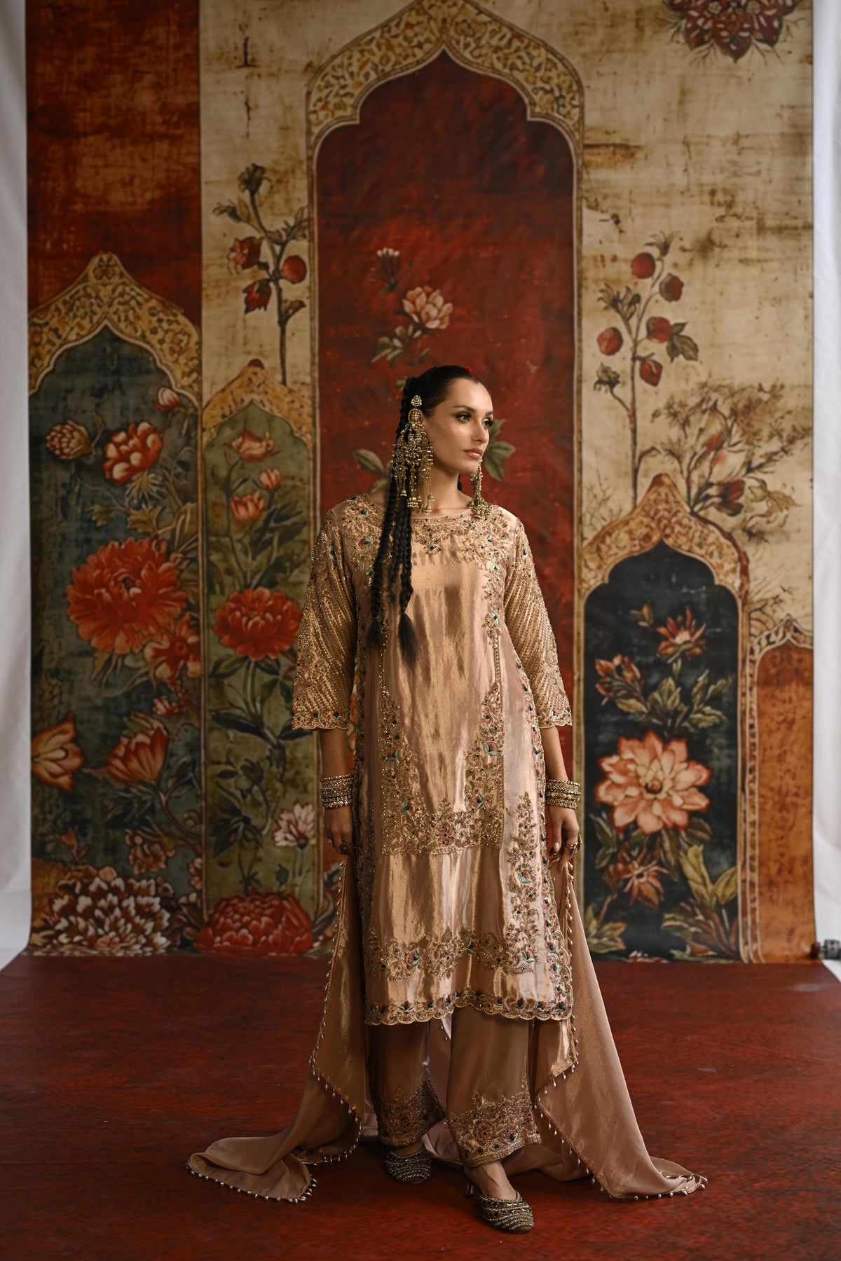 Peach Embellished Tissue Banarasi Silk Pant Set