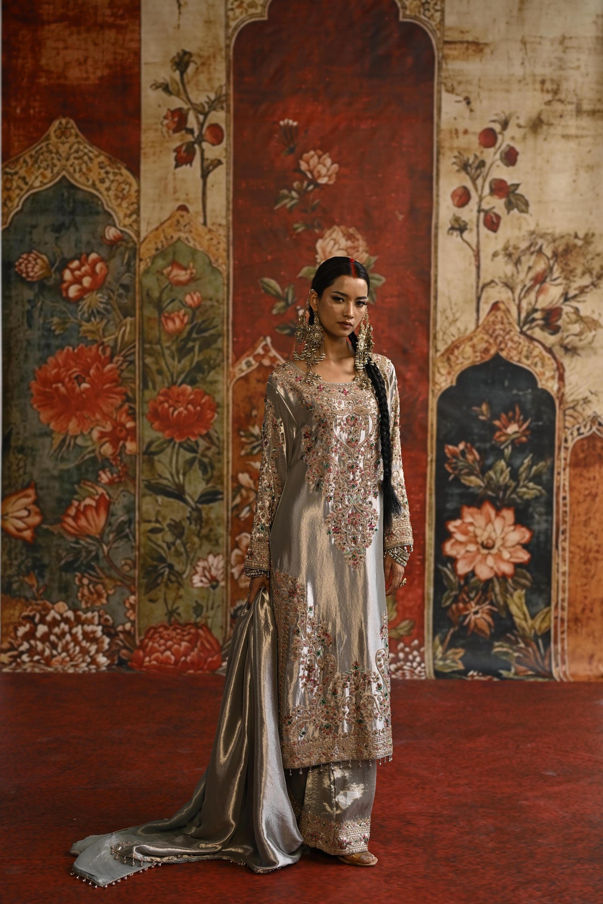 Silver Ivory Embellished Tissue Banarasi Silk Pant Set