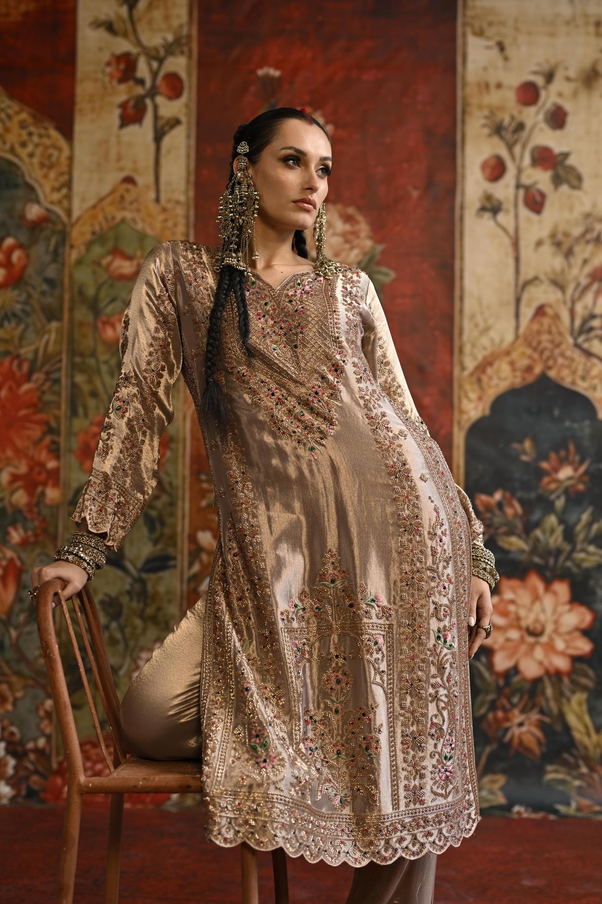 Taupe Ivory Embellished Tissue Banarasi Silk Pant Set