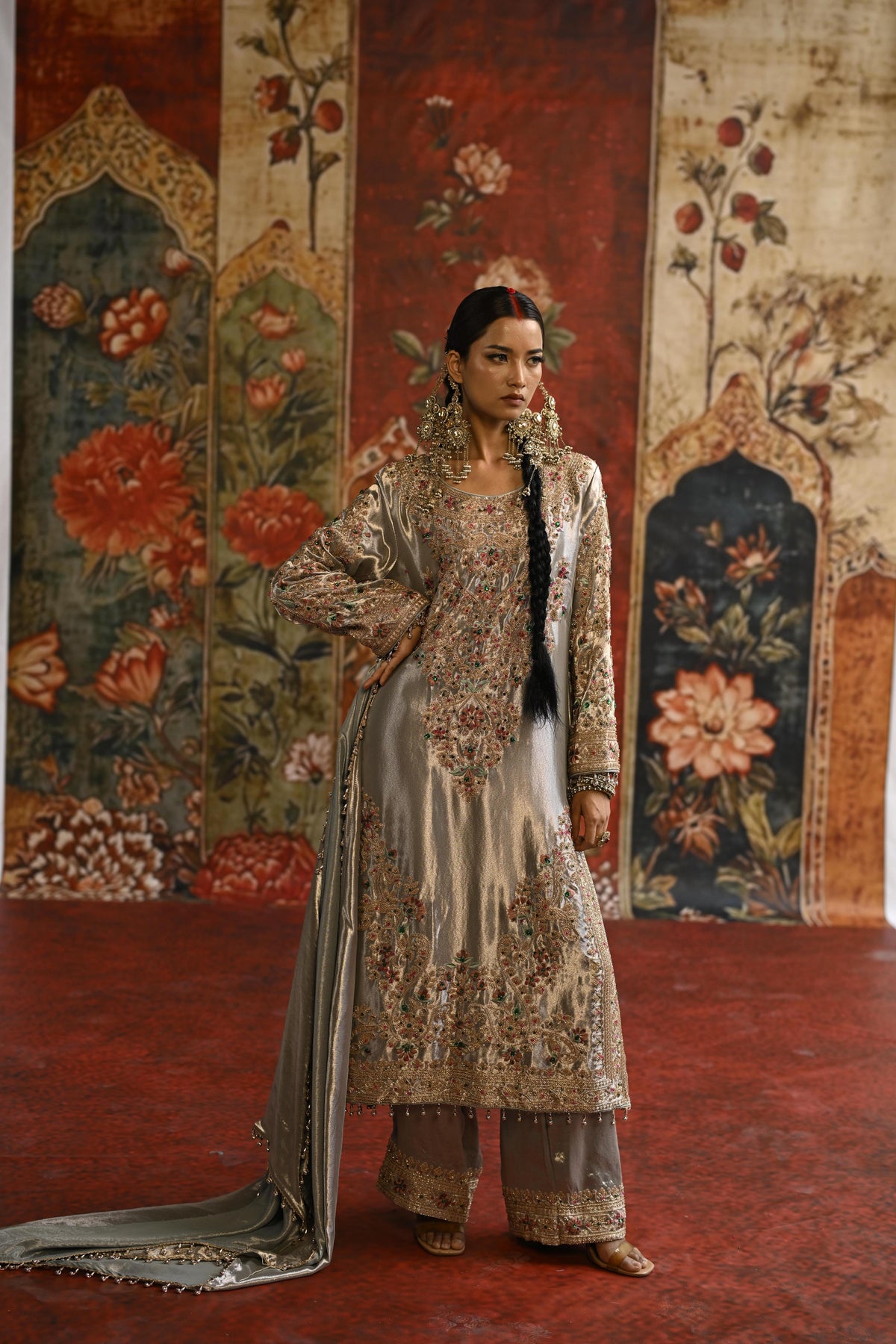 Silver Ivory Embellished Tissue Banarasi Silk Pant Set