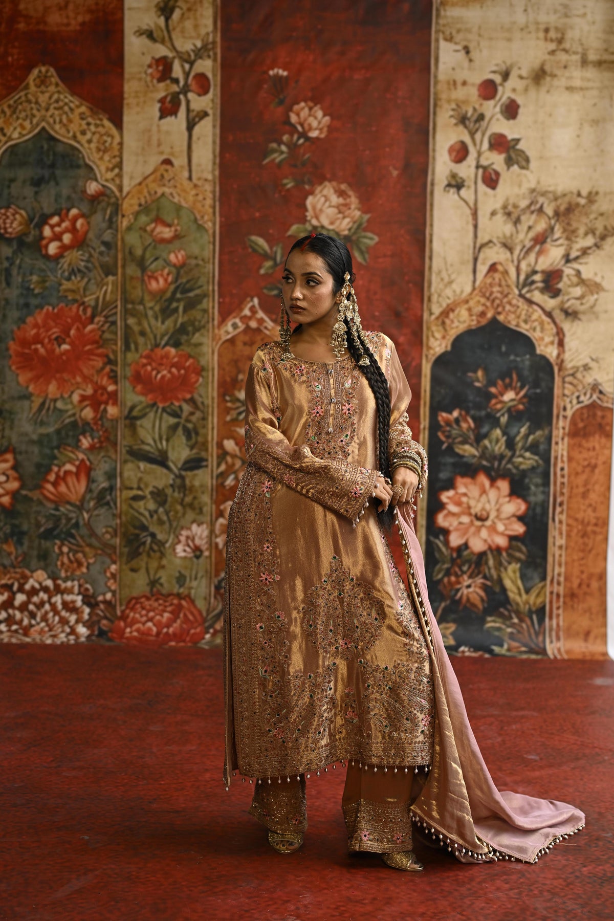 Rose Gold Embellished Tissue Banarasi Silk Pant Set