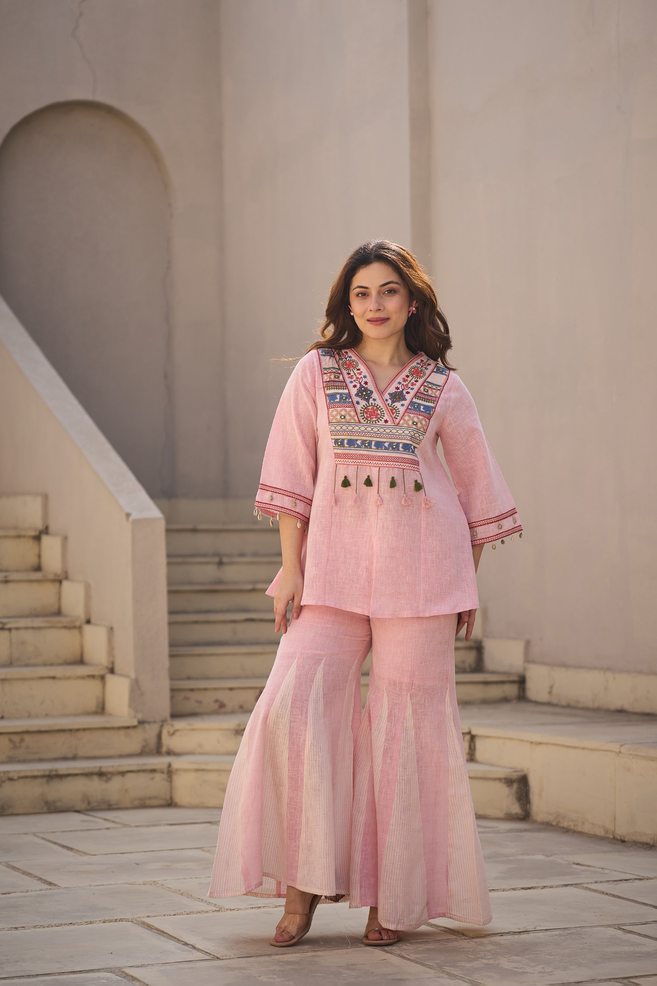 Rose Boho Embroidered Linen Co-Ord Set