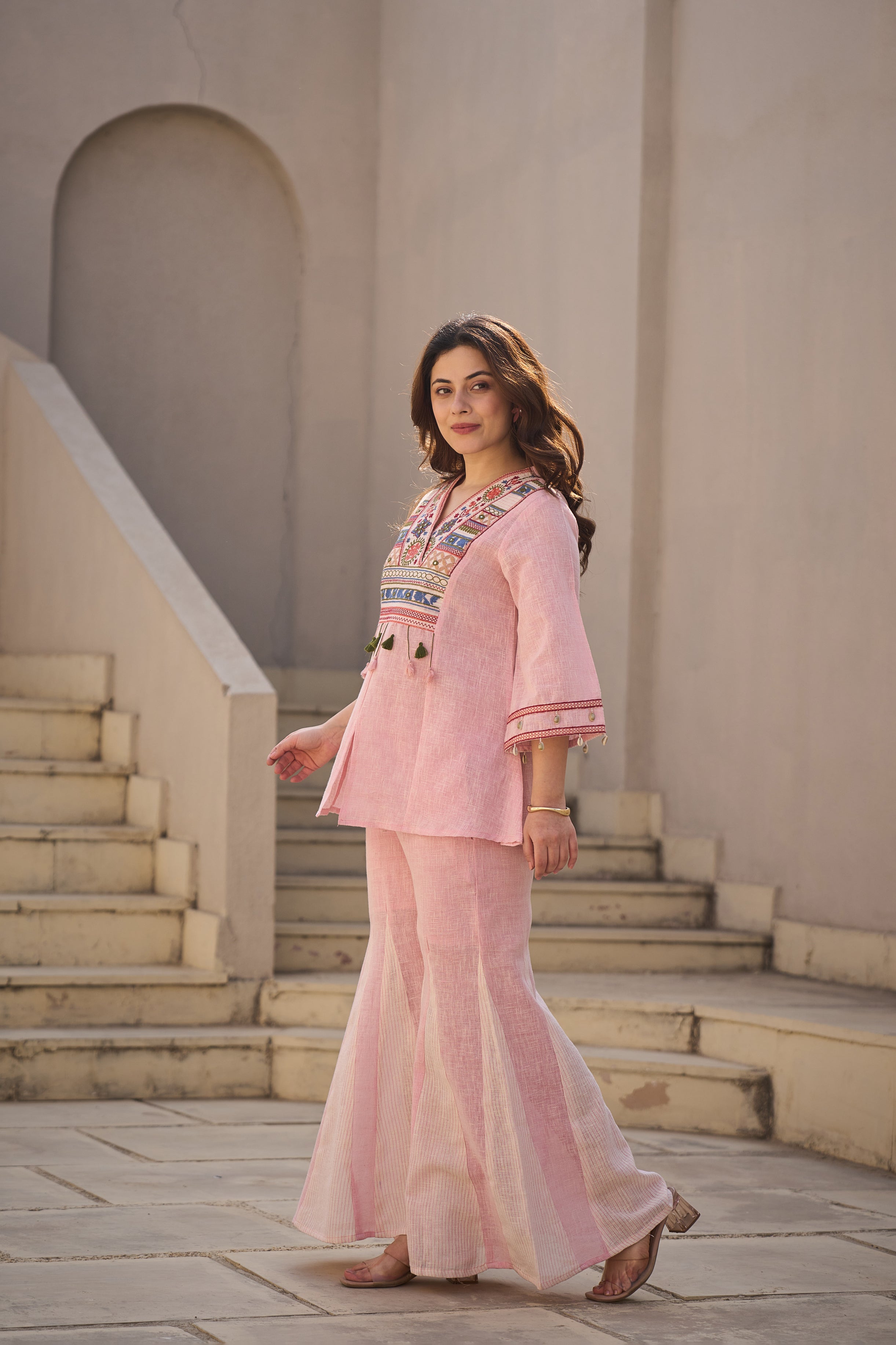 Rose Boho Embroidered Linen Co-Ord Set