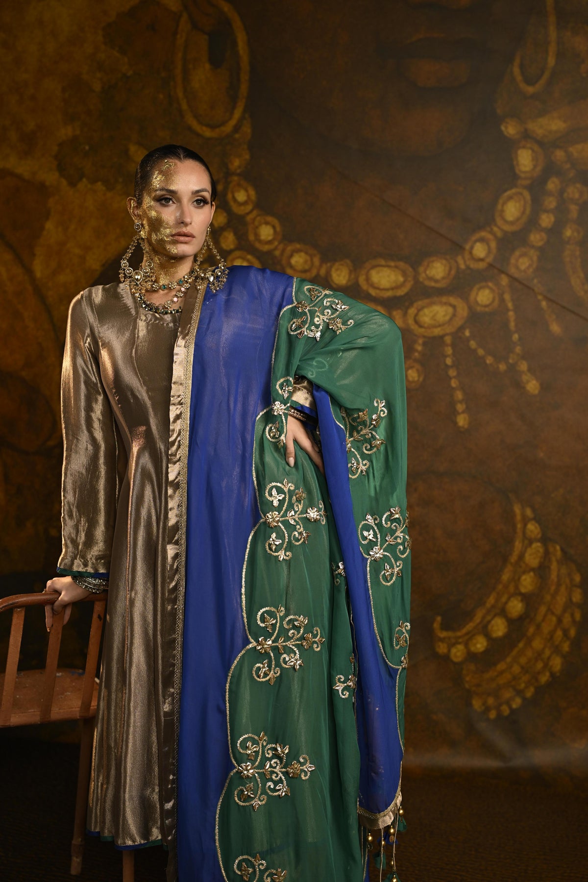 Bronze Gold Embellished Banarasi Silk Tissue Anarkali Set