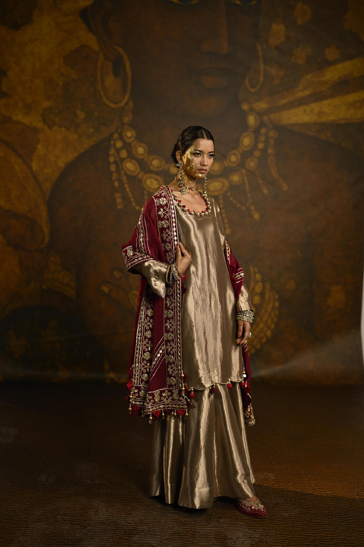 Gold Royal Embellished Tissue Banarasi Silk Sharara Set