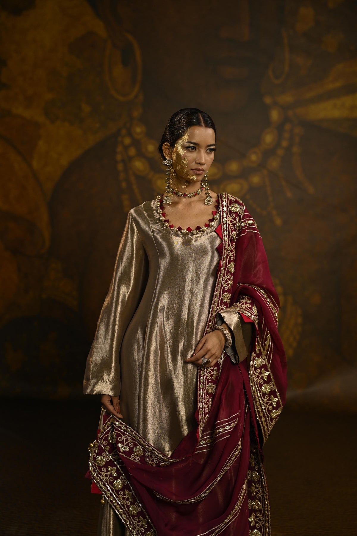 Gold Royal Embellished Tissue Banarasi Silk Sharara Set