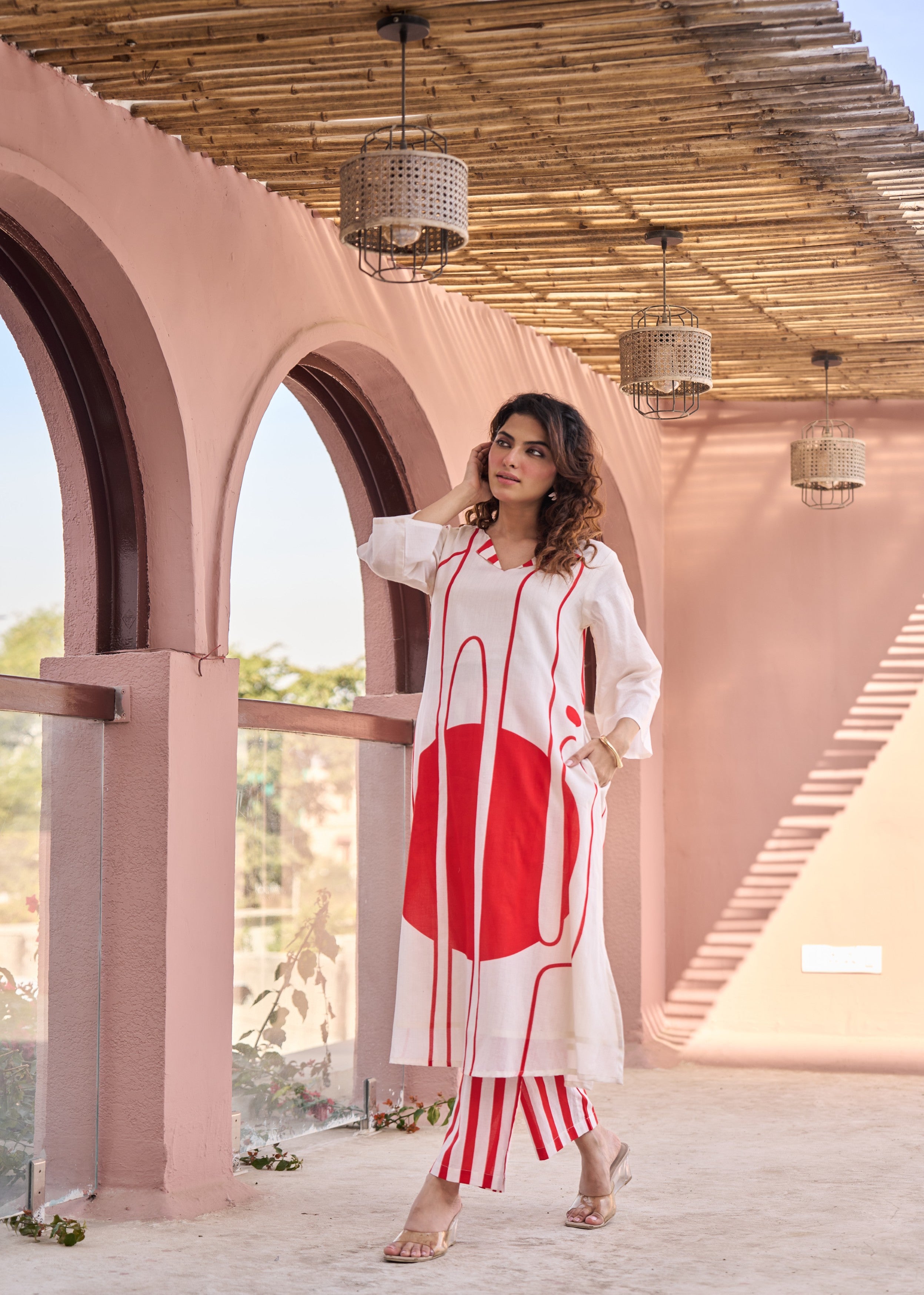 Ivory & Bold Red Abstract Printed Cotton Kurta Set