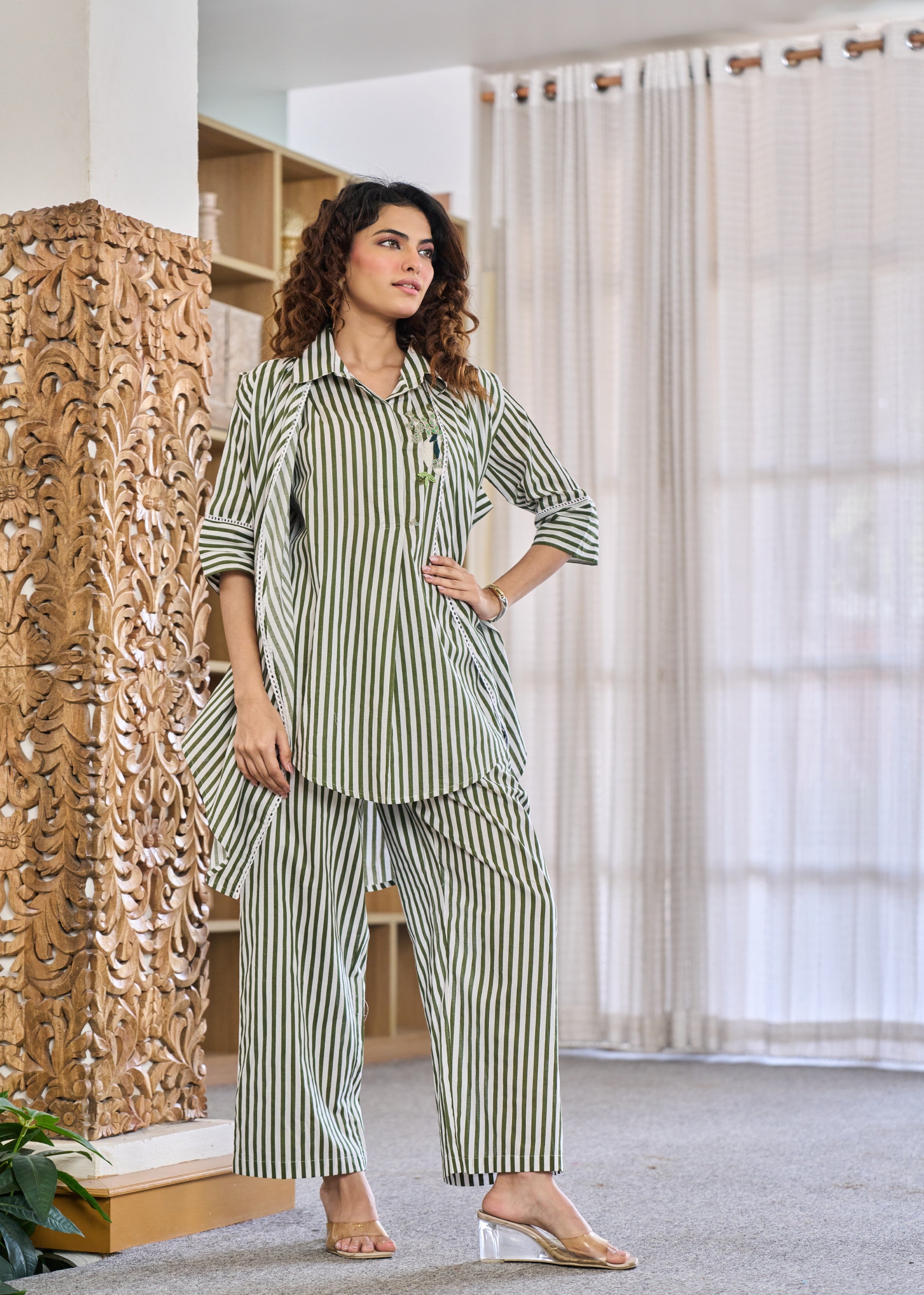 Olive Lineage Embellished Cotton Co-Ord Set