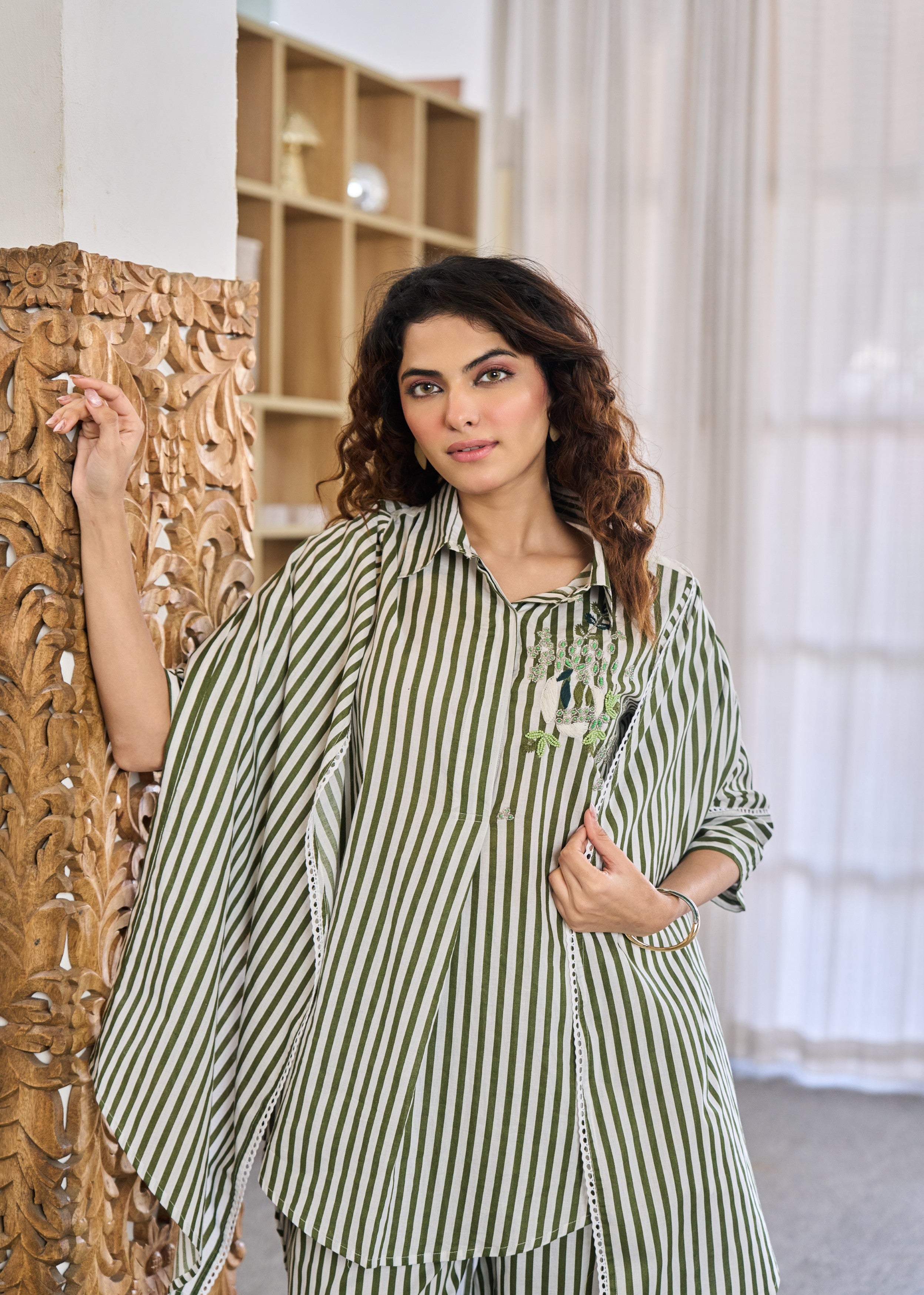 Olive Lineage Embellished Cotton Co-Ord Set