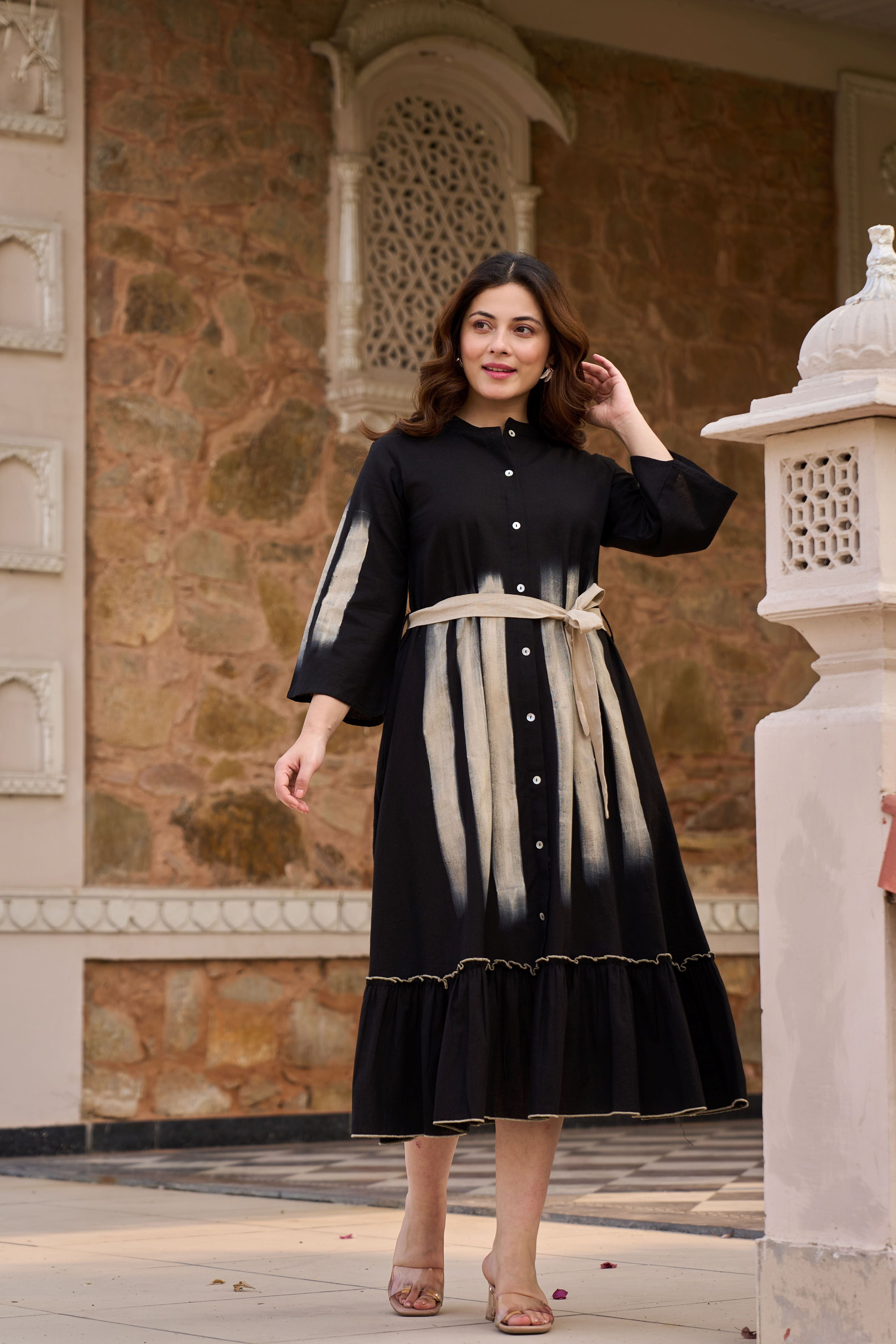 Ebony Hand-Painted Cotton Linen Midi Dress