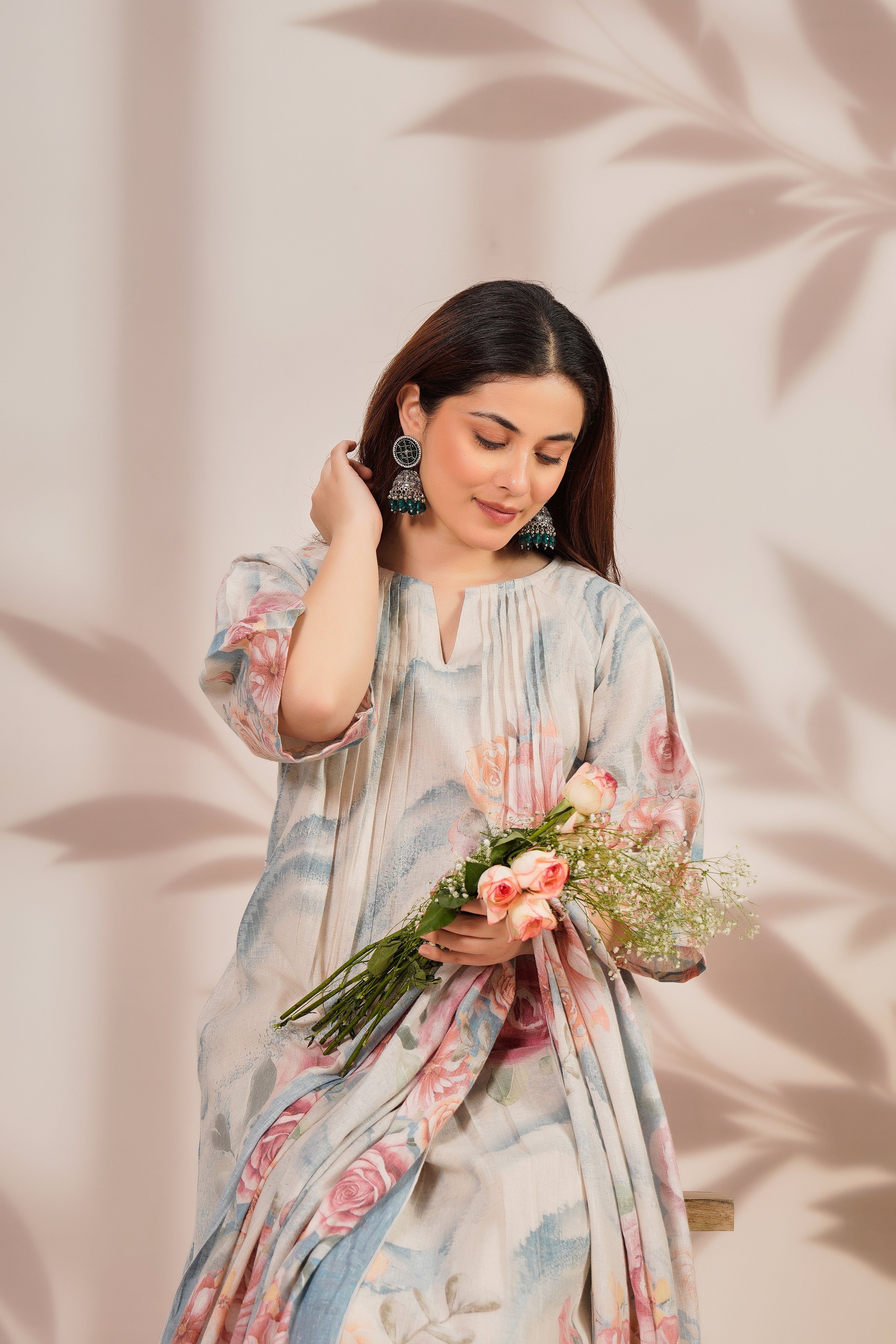 Pastel Charm Printed Cotton Linen Kurta Set